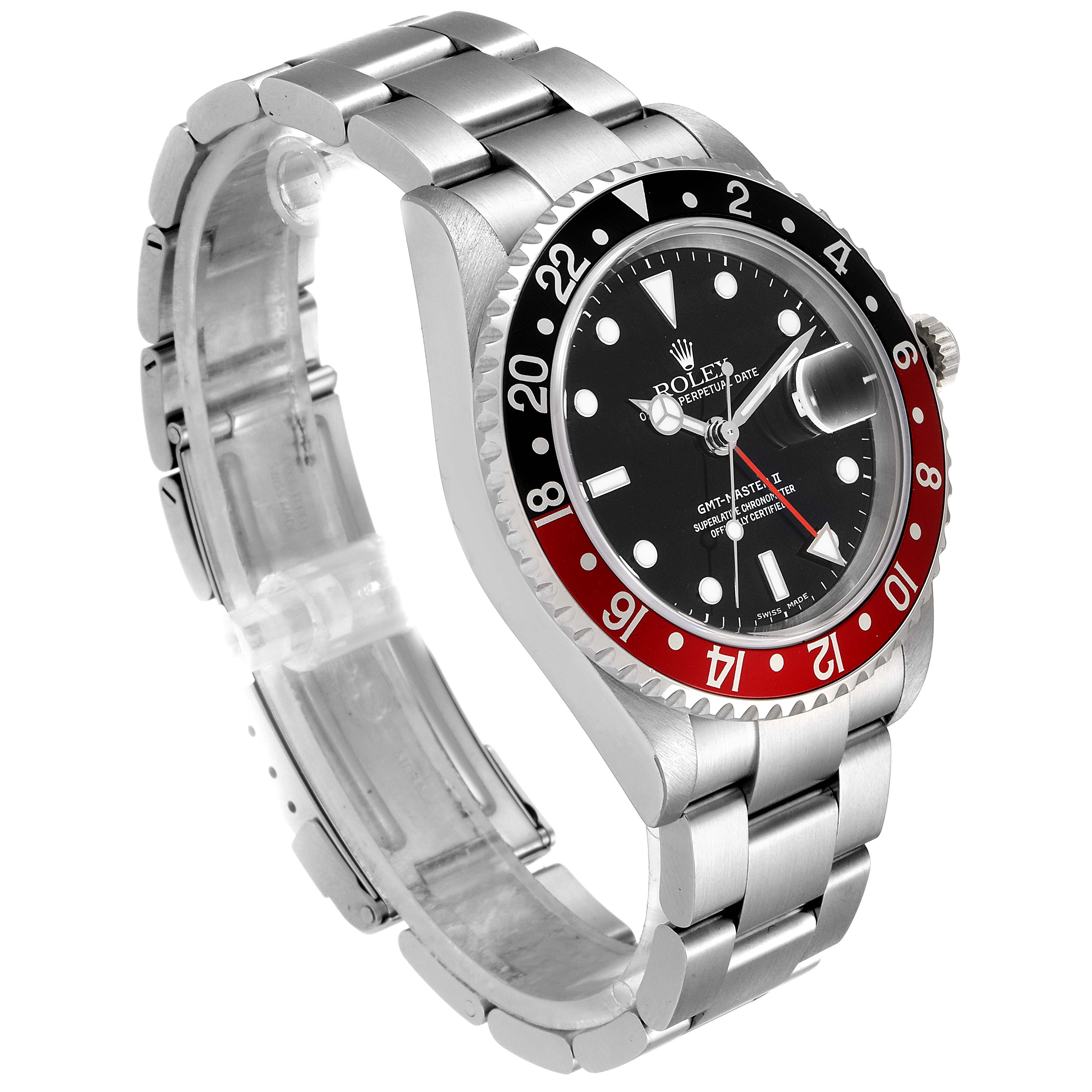 The image shows a Rolex GMT-Master 16710 Men's Stainless Steel Black Dial 16710 Men's Stainless Steel Black Dial watch at an angle highlighting the face, bezel, crown, and a portion of the bracelet.