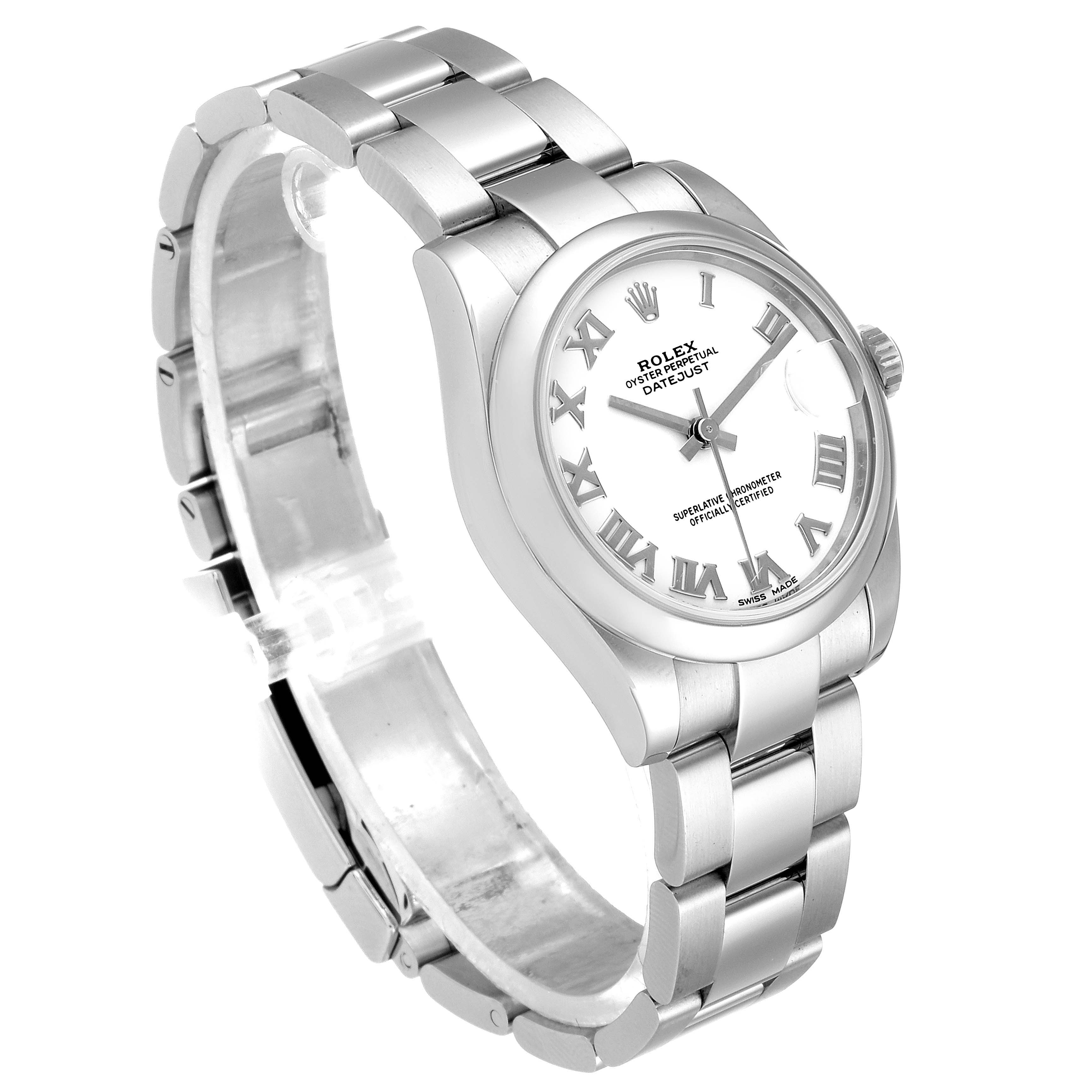 This image shows a Rolex Mid-Size 178240 Women
s Stainless Steel White Dial 178240 Women
s Stainless Steel White Dial model watch from an oblique angle displaying its face, bracelet, and crown.