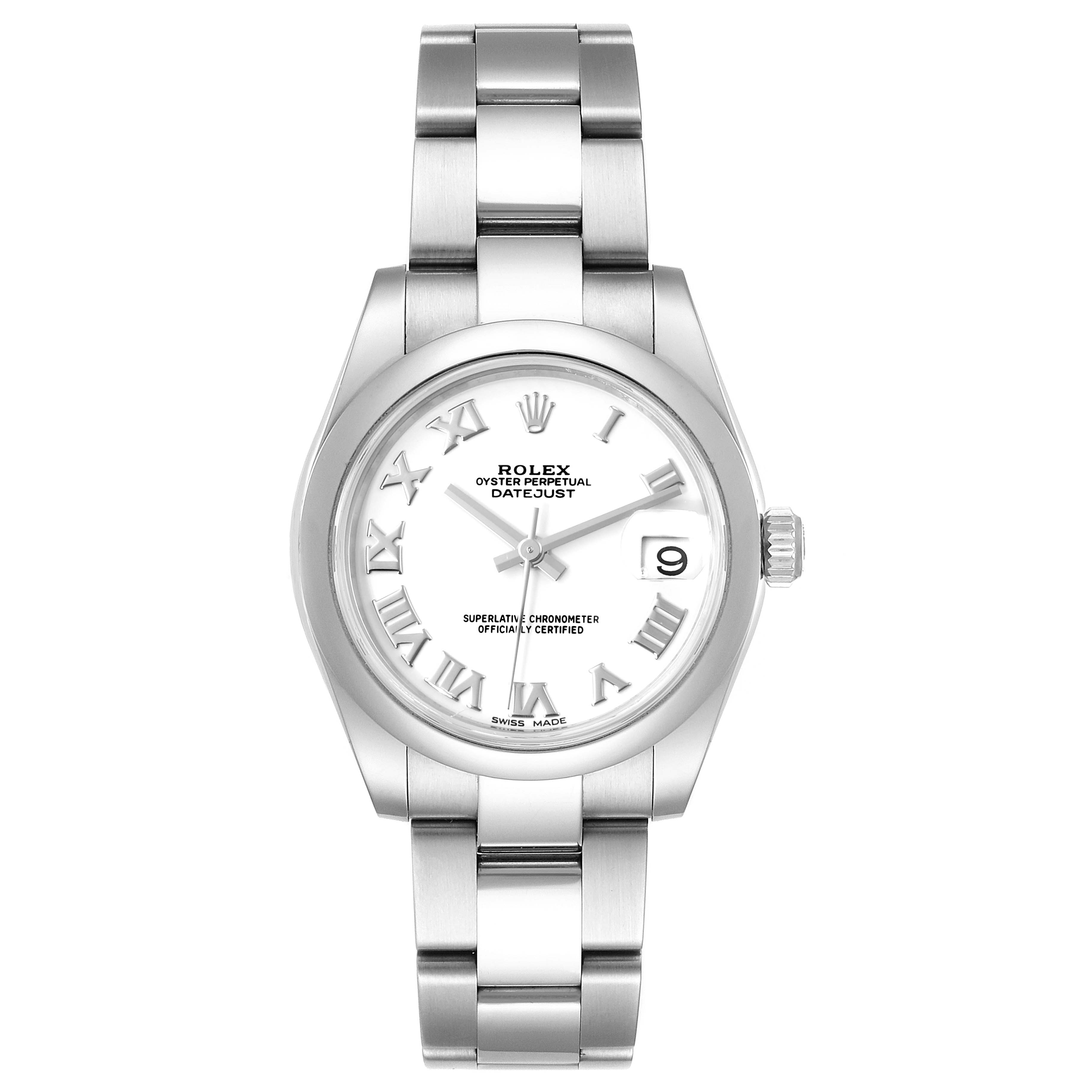 This image shows a front view of the Rolex Oyster Perpetual Datejust Mid-Size watch, highlighting its dial, bracelet, and date display.