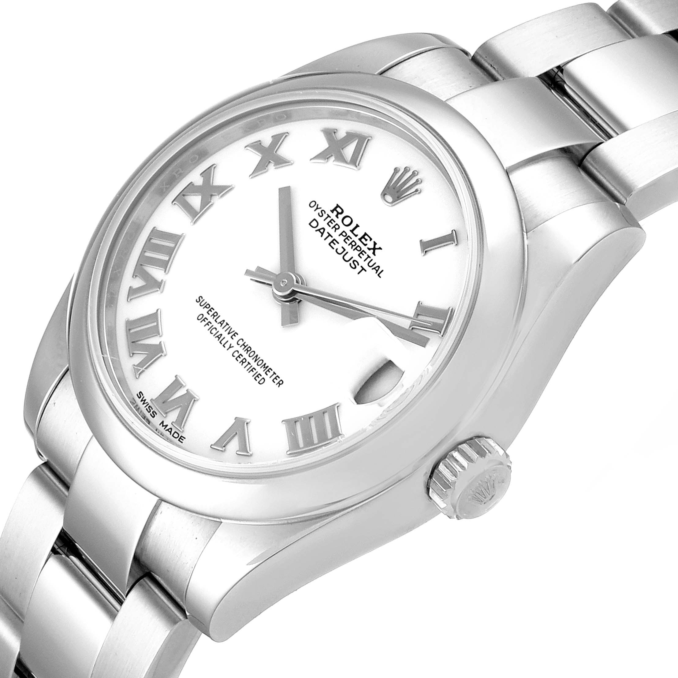 The image shows a Rolex Mid-Size 178240 Women
s Stainless Steel White Dial 178240 Women
s Stainless Steel White Dial Datejust watch angled slightly from above, focusing on the face, crown, and part of the bracelet.