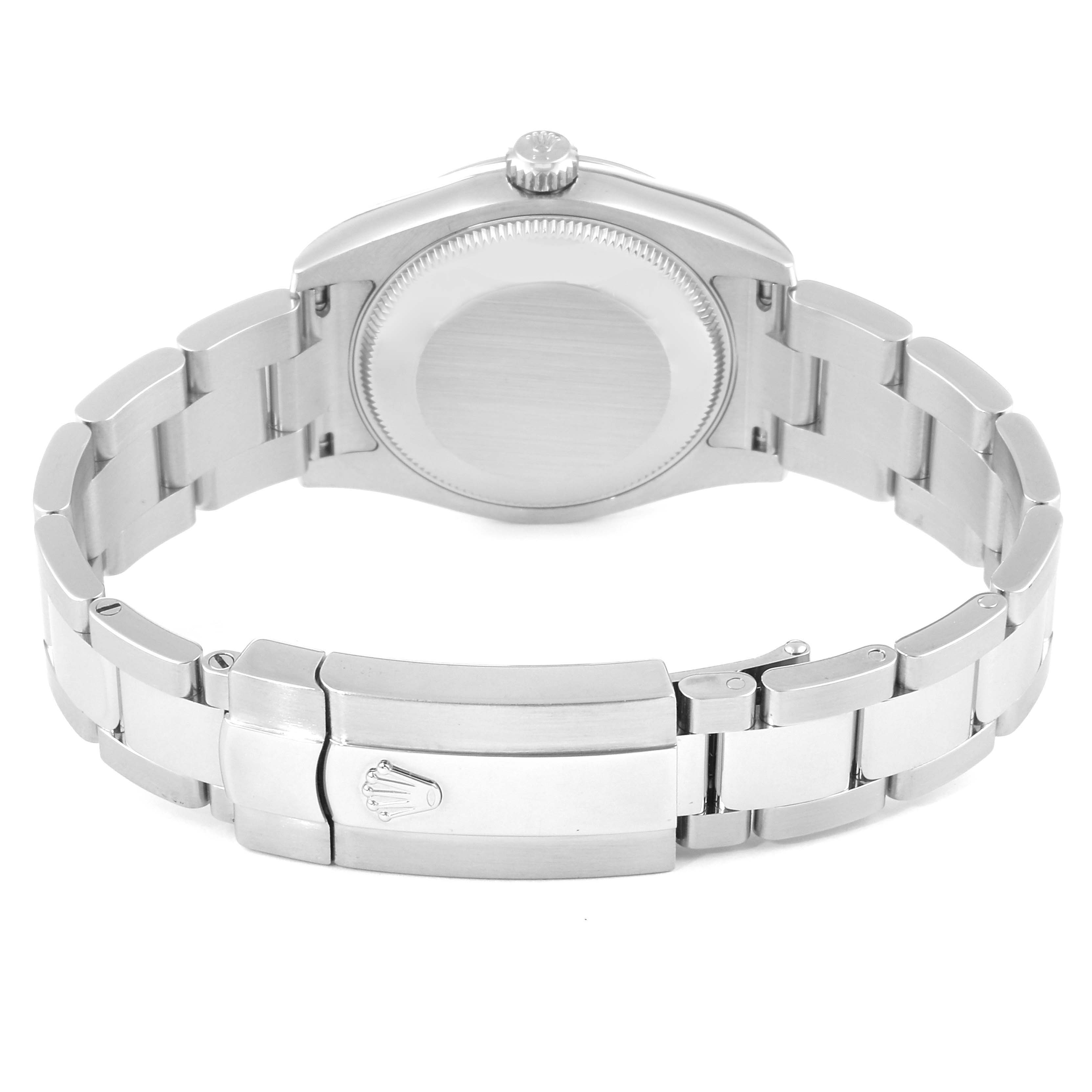 This image shows the back and bracelet of a Mid-Size Rolex watch, highlighting the clasp and case back.