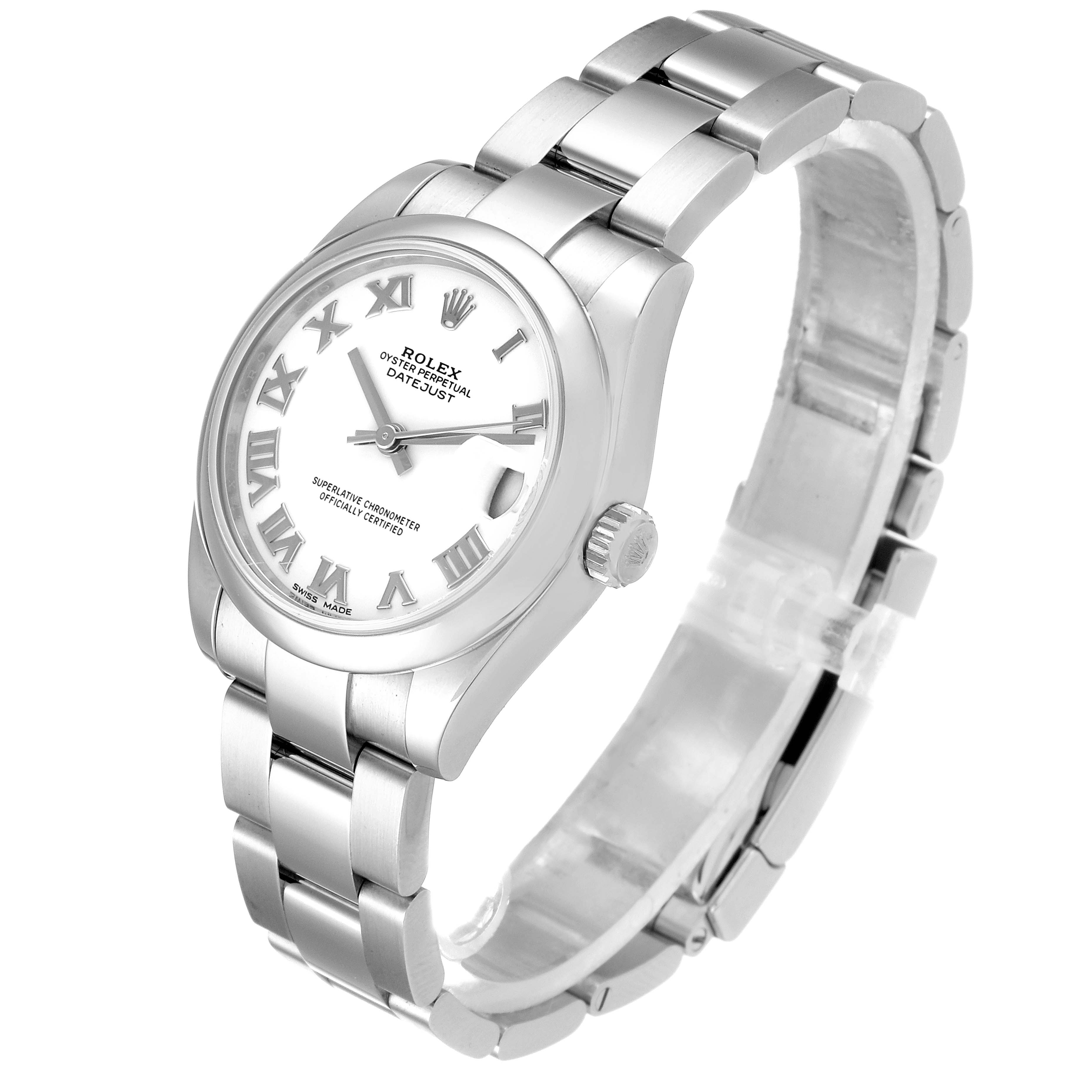 The image shows a Mid-Size Rolex Datejust watch, angled to display its face, bracelet, and side crown.