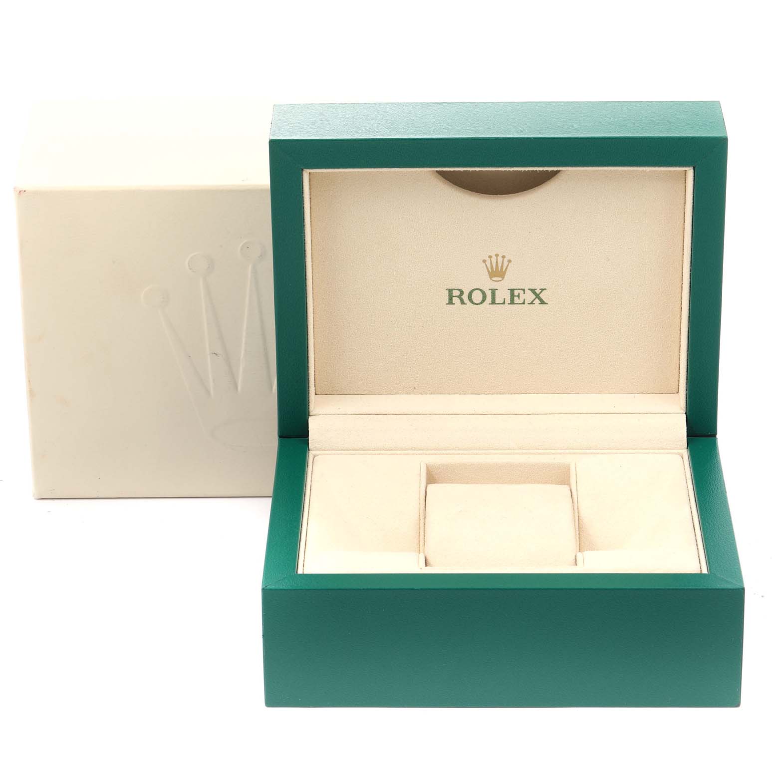 The image shows an open green Rolex box for a Mid-Size model, displaying its logo on the inside.