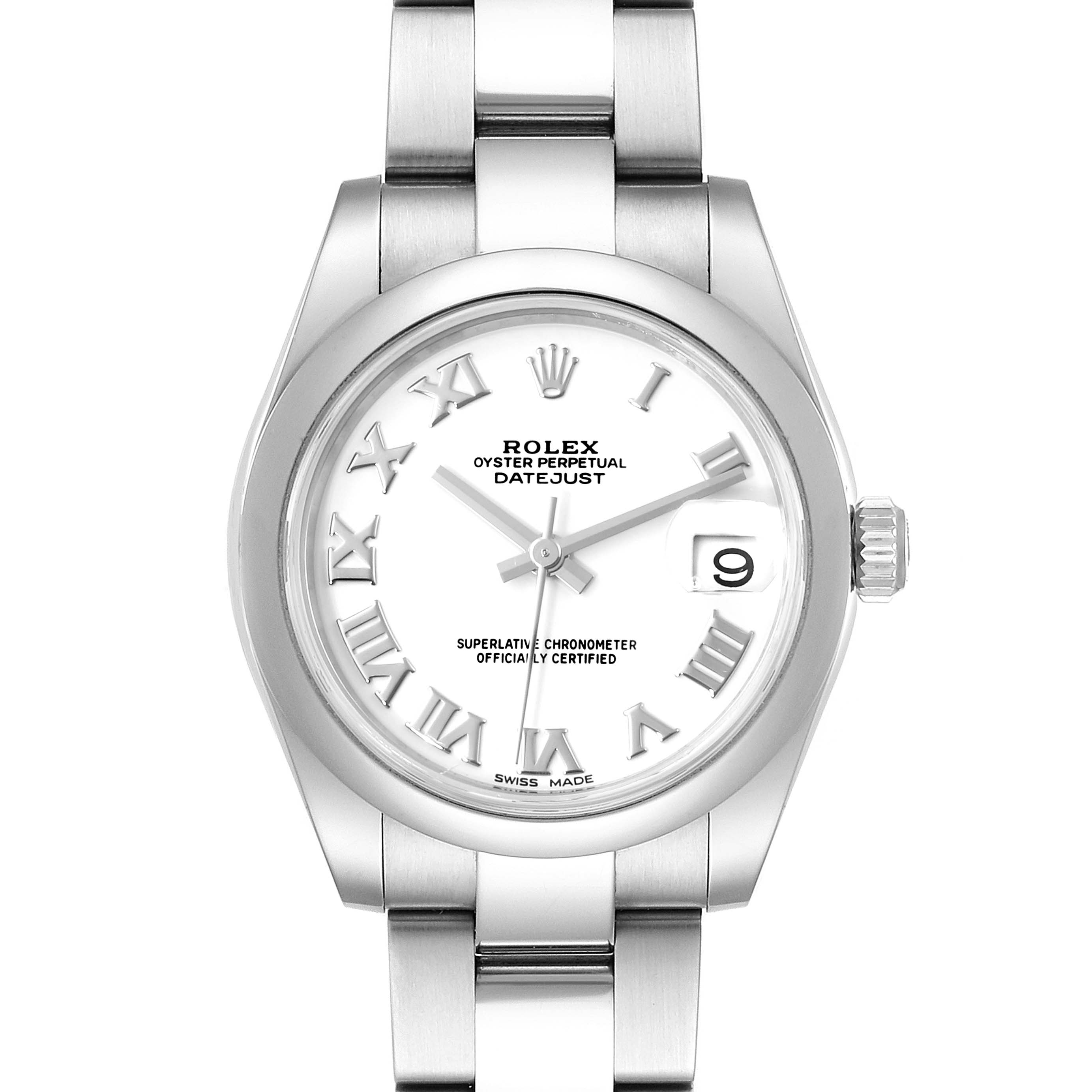 This image shows the front view of a Rolex Mid-Size 178240 Women
s Stainless Steel White Dial 178240 Women
s Stainless Steel White Dial Datejust watch, displaying its face, bezel, and part of the bracelet.