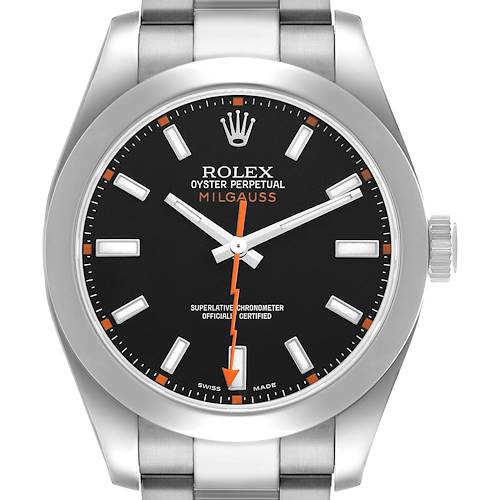 The image shows a front view of the Rolex Milgauss 116400 Men's Stainless Steel Black Dial watch, displaying its dial, hands, bezel, and part of the bracelet.