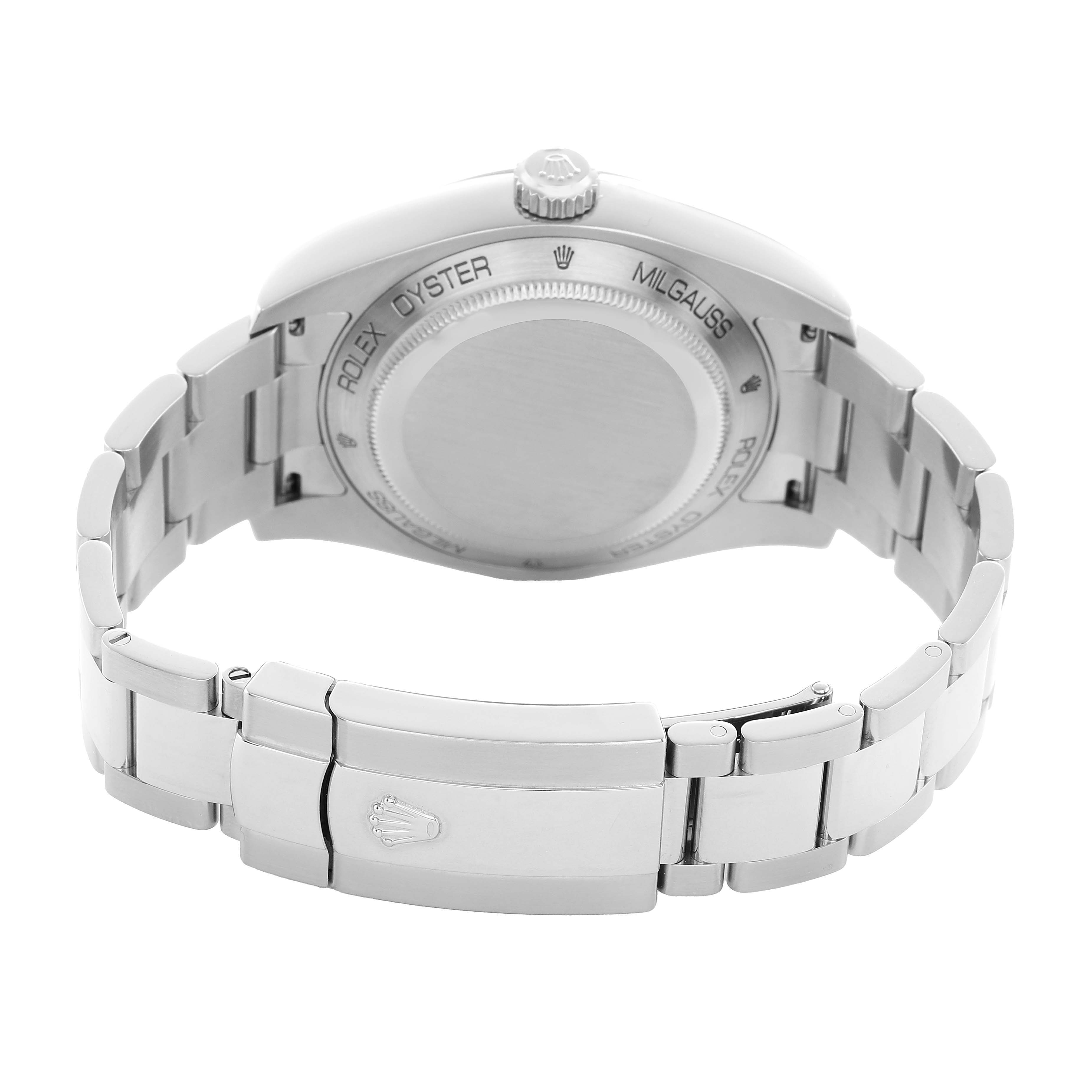 The image shows the back and bracelet of a Rolex Milgauss 116400 Men's Stainless Steel Black Dial watch, highlighting the clasp and case back.