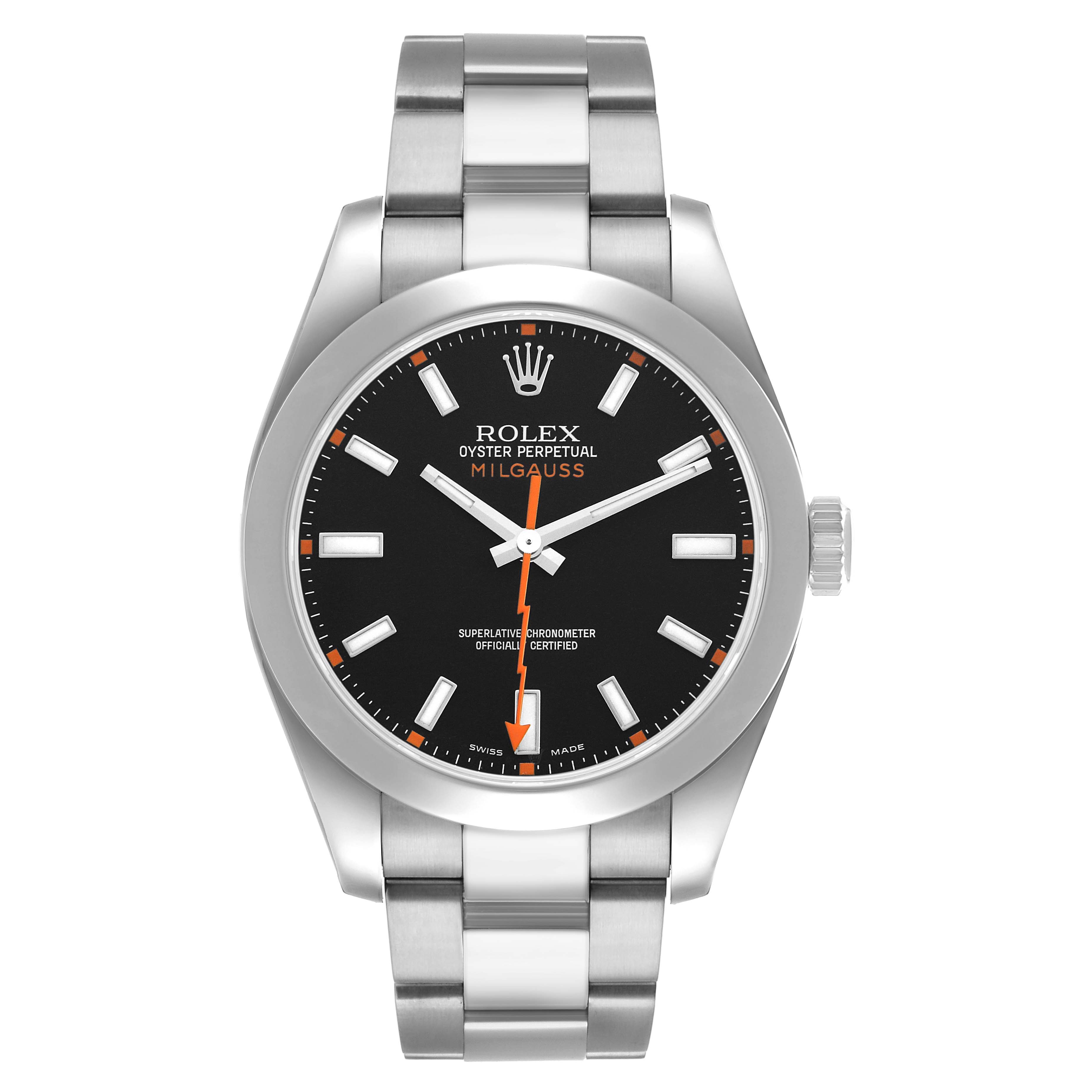 The Rolex Milgauss 116400 Men's Stainless Steel Black Dial watch is shown from a front angle, highlighting the dial, bezel, and bracelet.