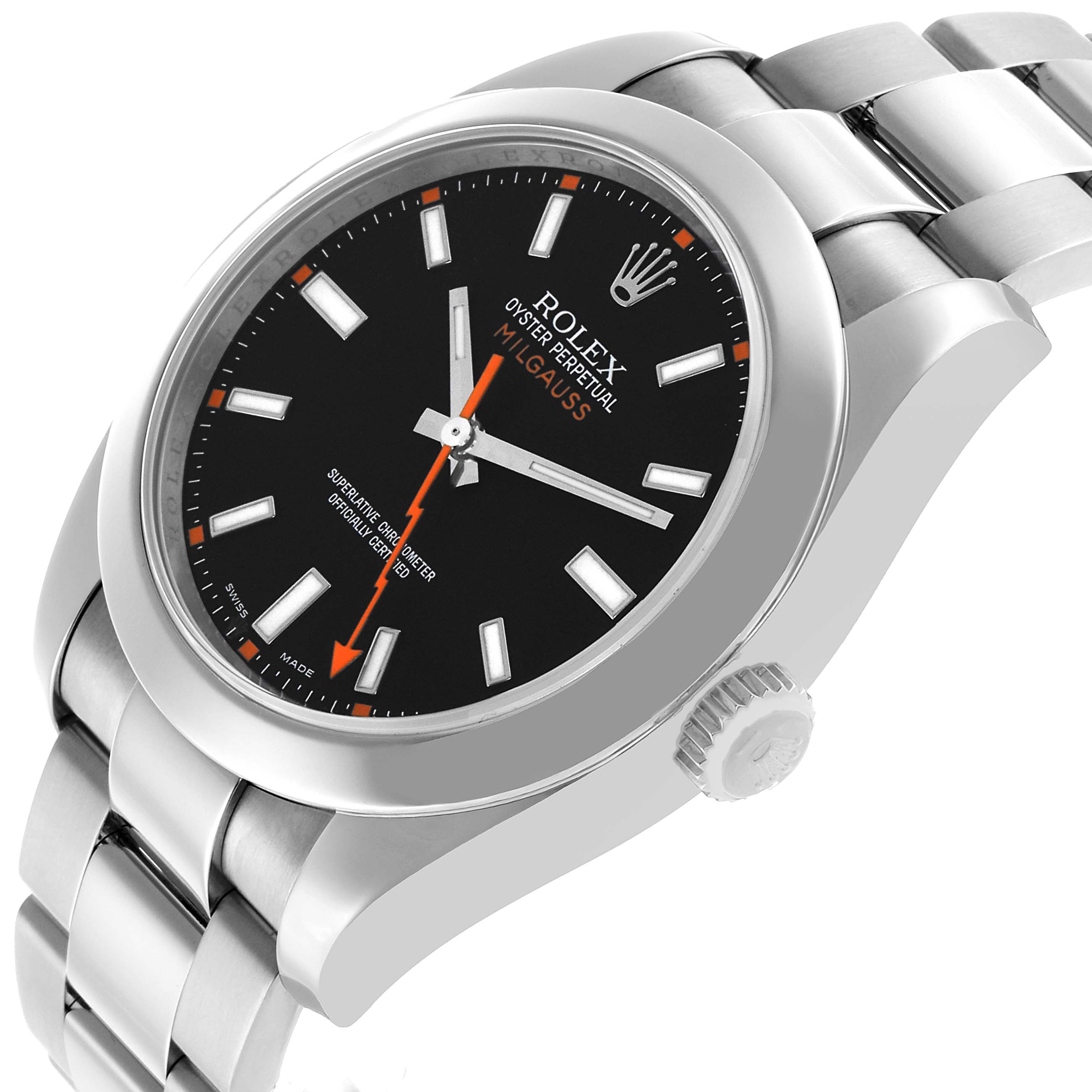 The Rolex Milgauss 116400 Men's Stainless Steel Black Dial watch is shown at a slight angle, featuring the dial, crown, case, and a portion of the bracelet.