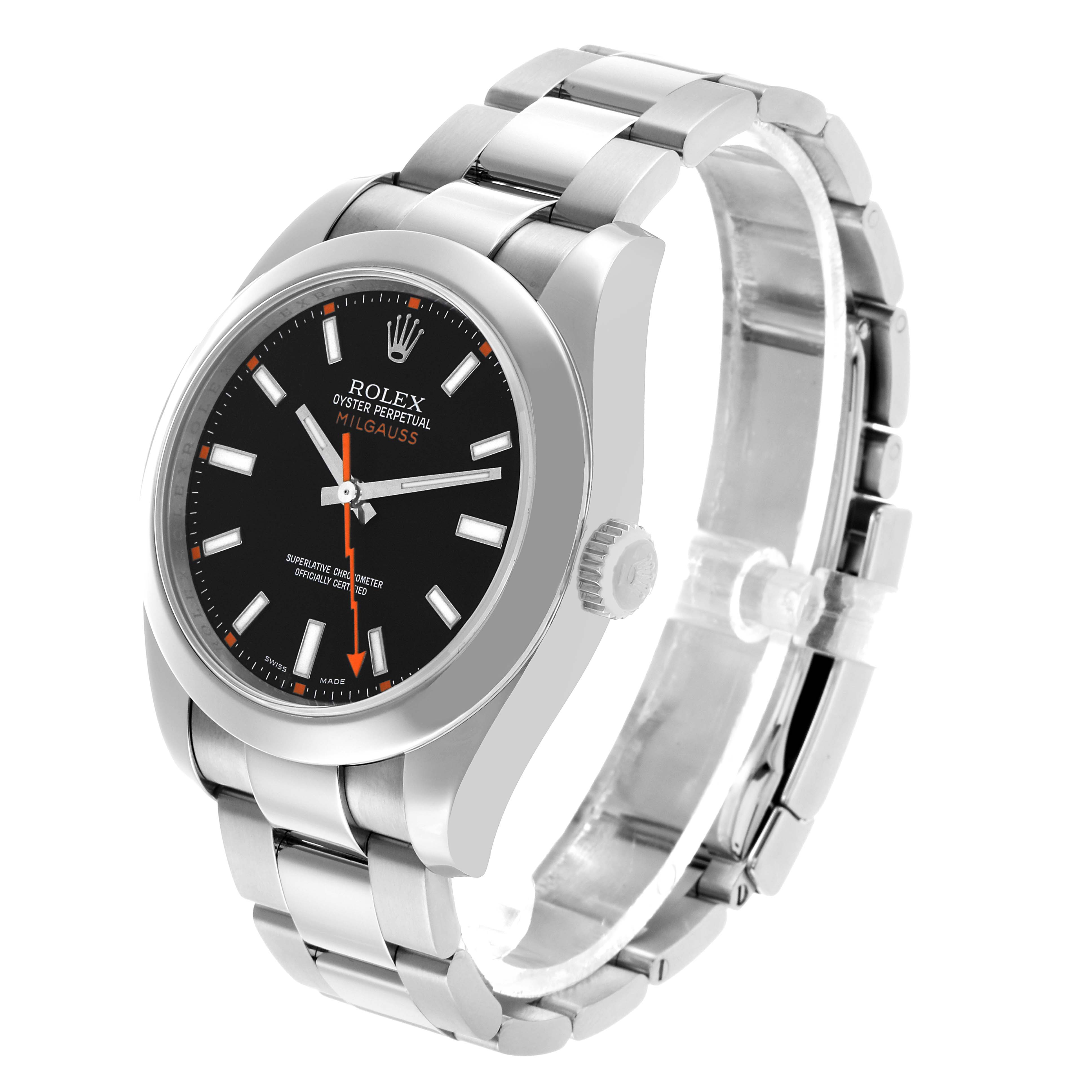 The Rolex Milgauss 116400 Men's Stainless Steel Black Dial watch is shown at a three-quarter angle, highlighting the dial, bezel, bracelet, and crown.