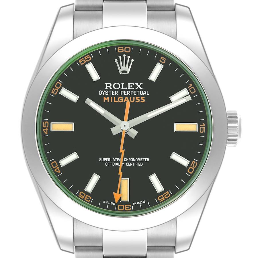 The Rolex Milgauss watch is shown from a front angle, displaying the dial, hands, and bracelet.