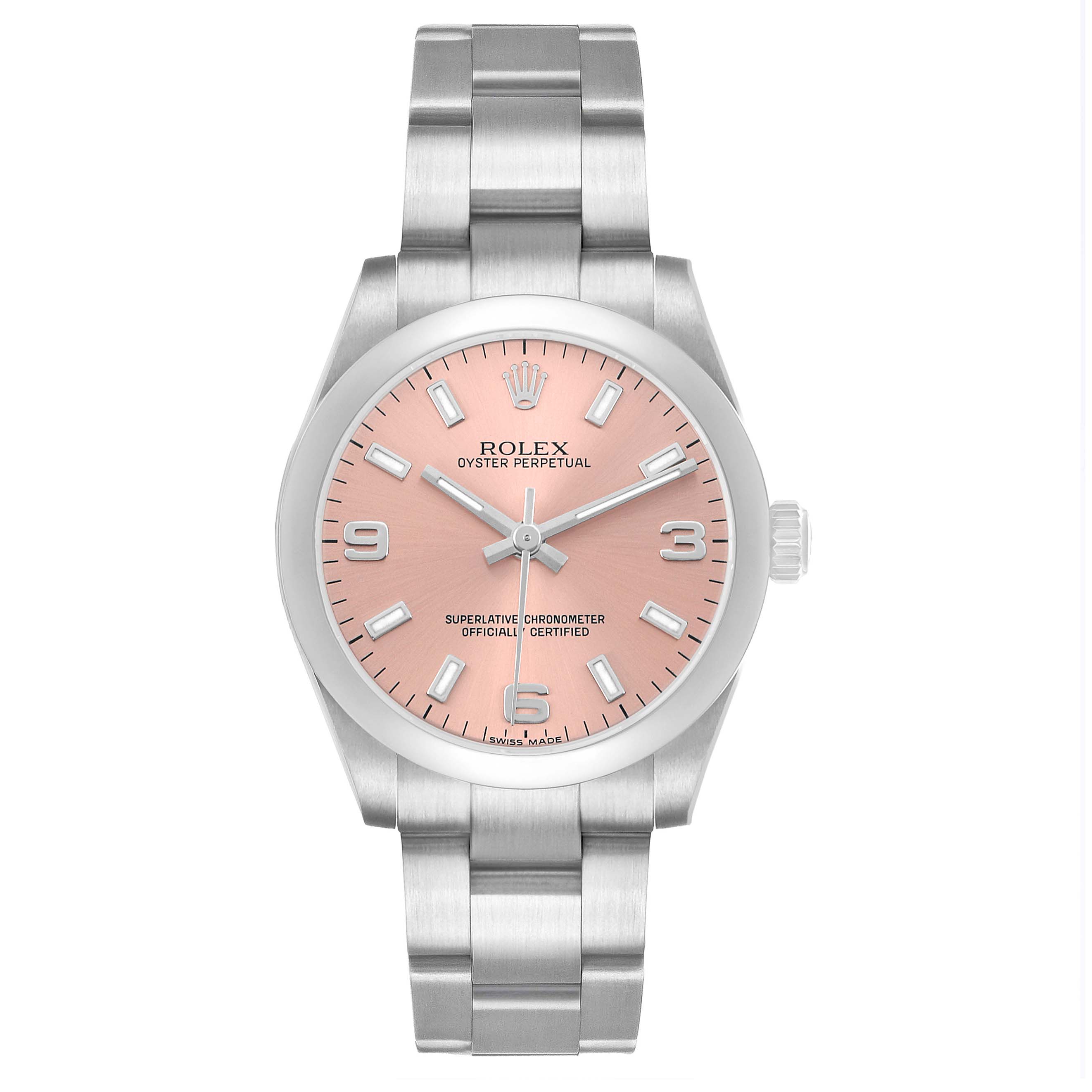 The Rolex Oyster Perpetual 177200 Women's Stainless Steel Pink Dial watch is shown from the front, highlighting the pink dial, hour markers, and metal bracelet.