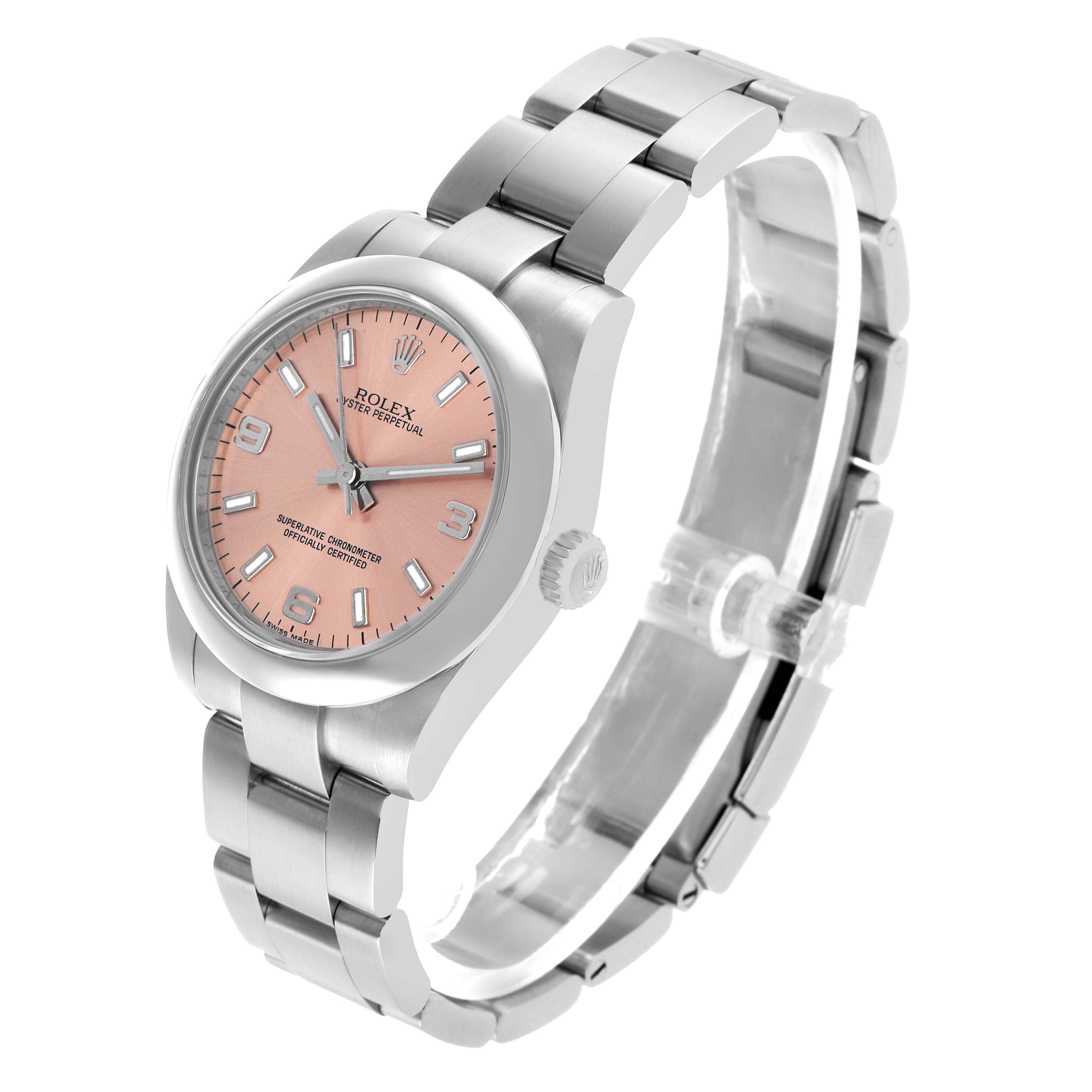 The Rolex Oyster Perpetual 177200 Women's Stainless Steel Pink Dial watch is shown at a three-quarter angle highlighting the pink dial, bezel, crown, and bracelet.
