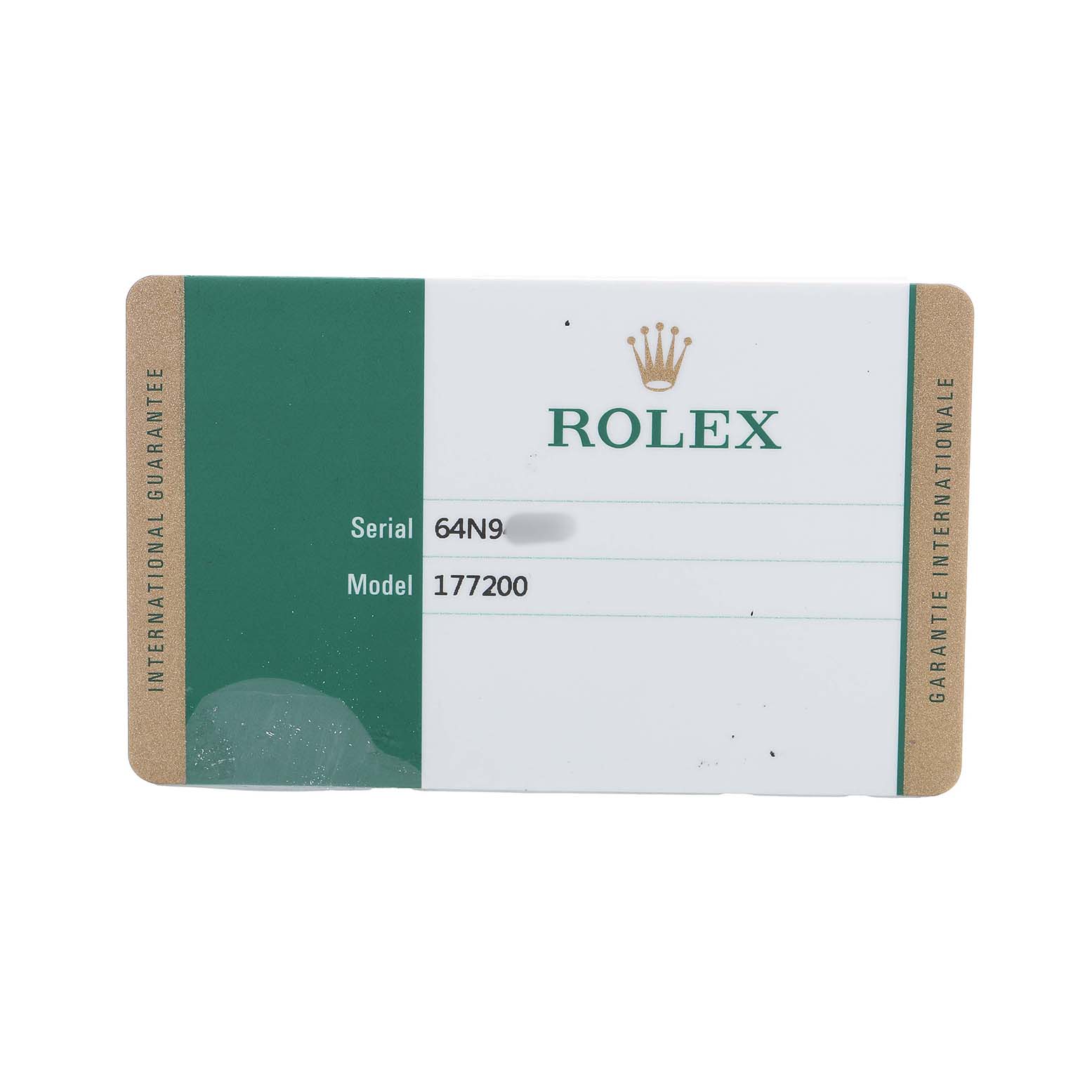 The image shows a Rolex Oyster Perpetual 177200 Women's Stainless Steel Pink Dial international guarantee card, displaying the serial and model numbers.