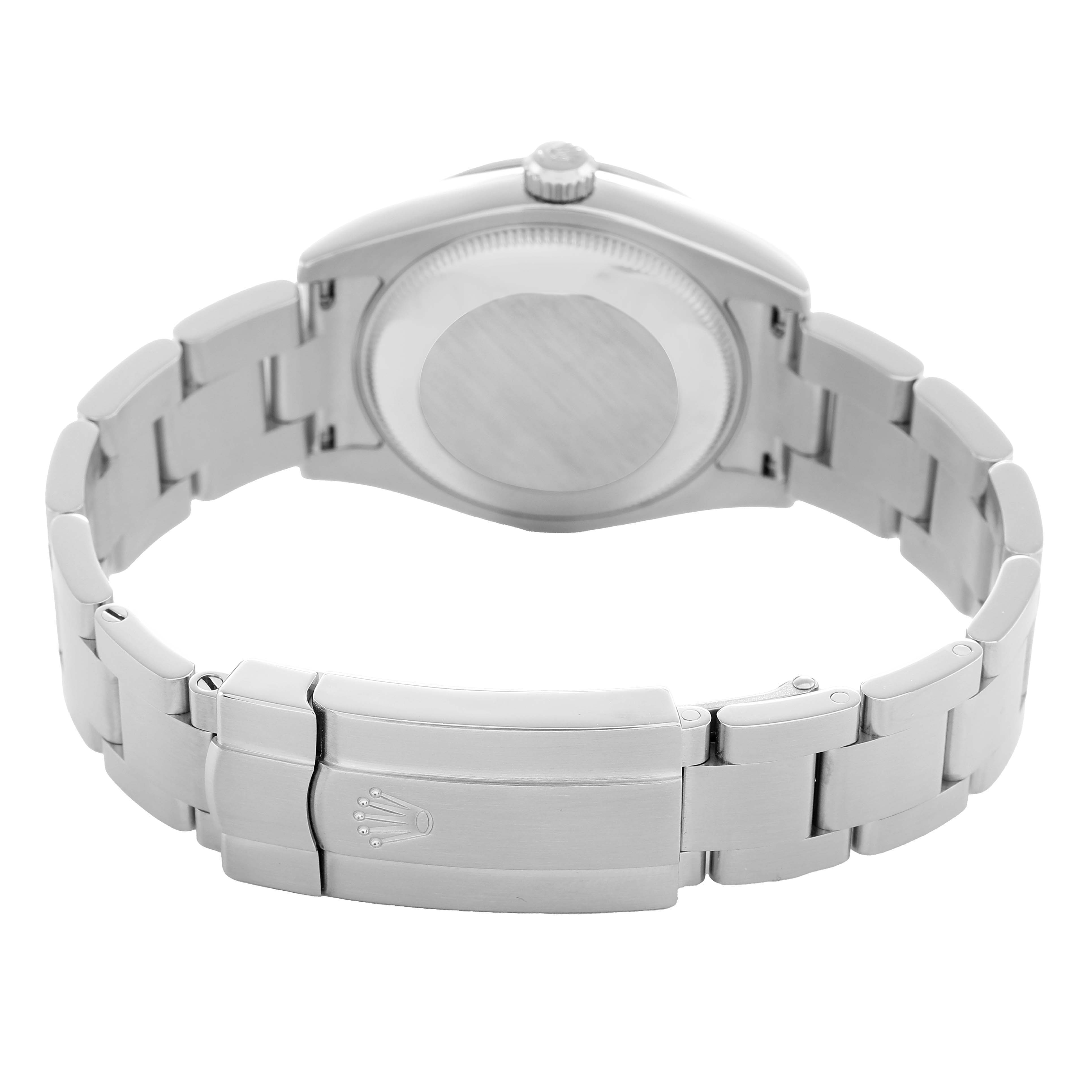 The Rolex Oyster Perpetual 177200 Women's Stainless Steel Pink Dial is shown from the back, highlighting the bracelet and clasp.