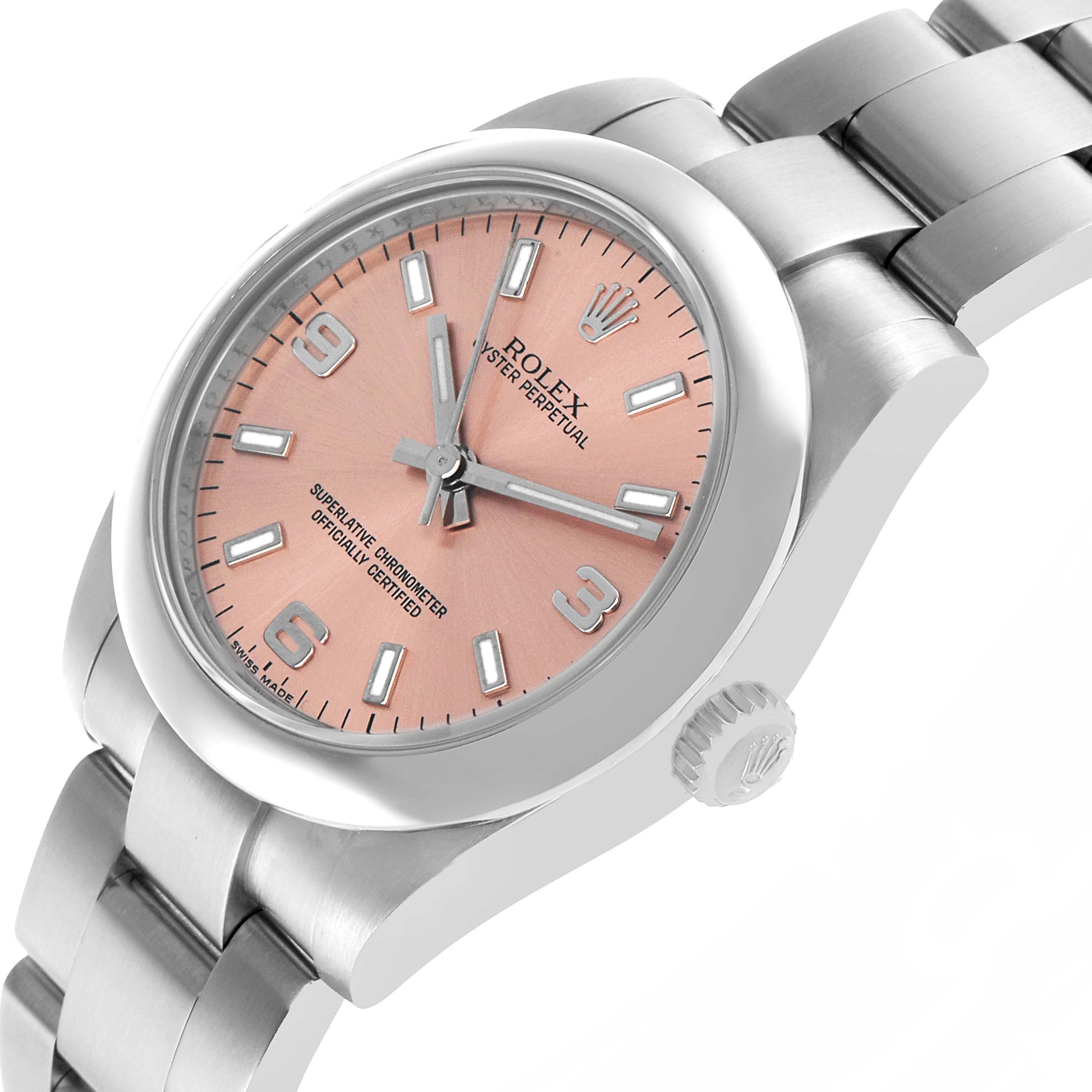 The Rolex Oyster Perpetual 177200 Women's Stainless Steel Pink Dial watch is shown at a top-side angle, highlighting its pink dial, case, bracelet, and crown.