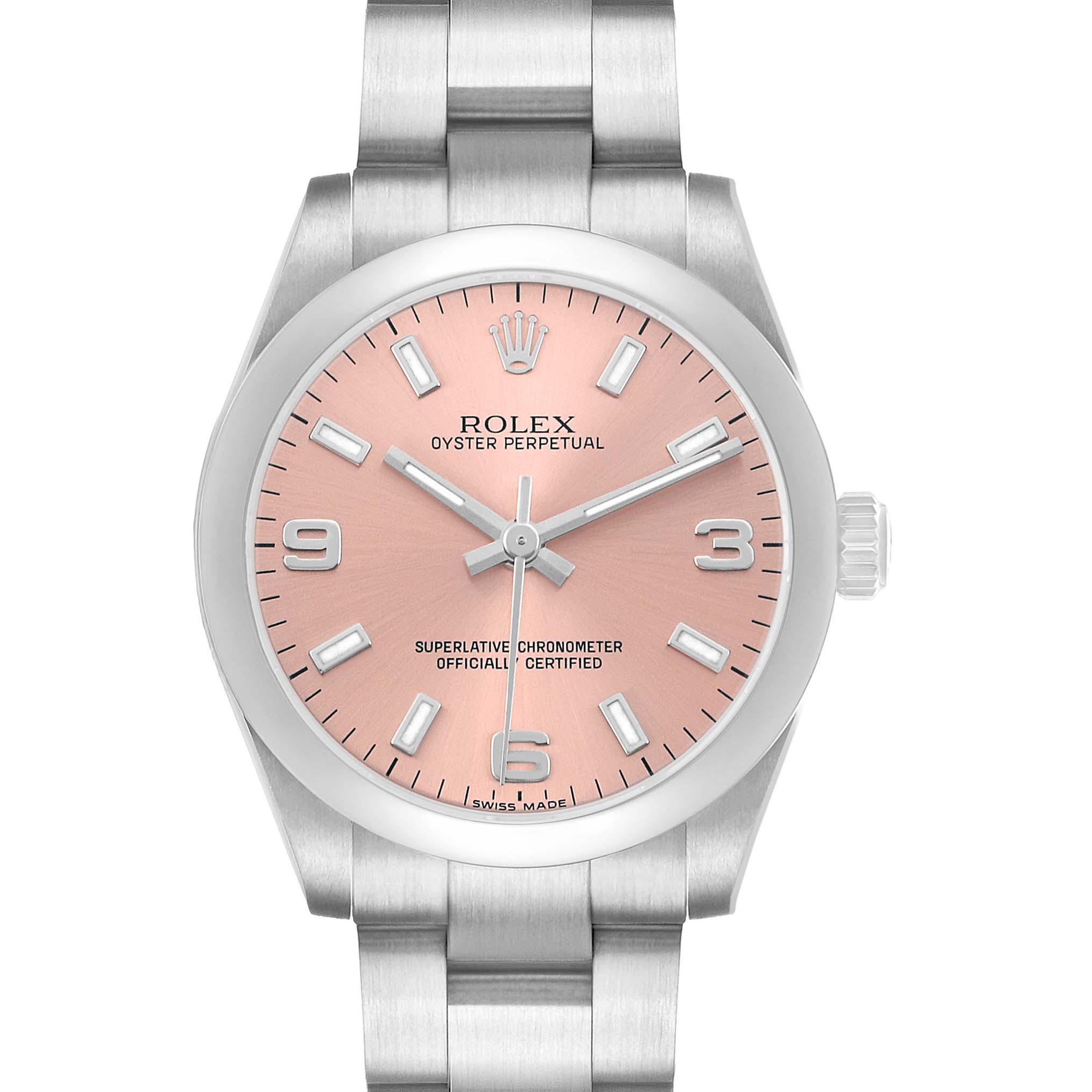 The Rolex Oyster Perpetual 177200 Women's Stainless Steel Pink Dial watch is shown from a front view, highlighting its pink dial, hour markers, hands, and bracelet.