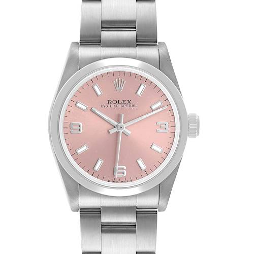 The Rolex Oyster Perpetual 67480 Women's Stainless Steel Pink Dial watch is shown from the front, displaying its pink dial, indices, and stainless steel bracelet.