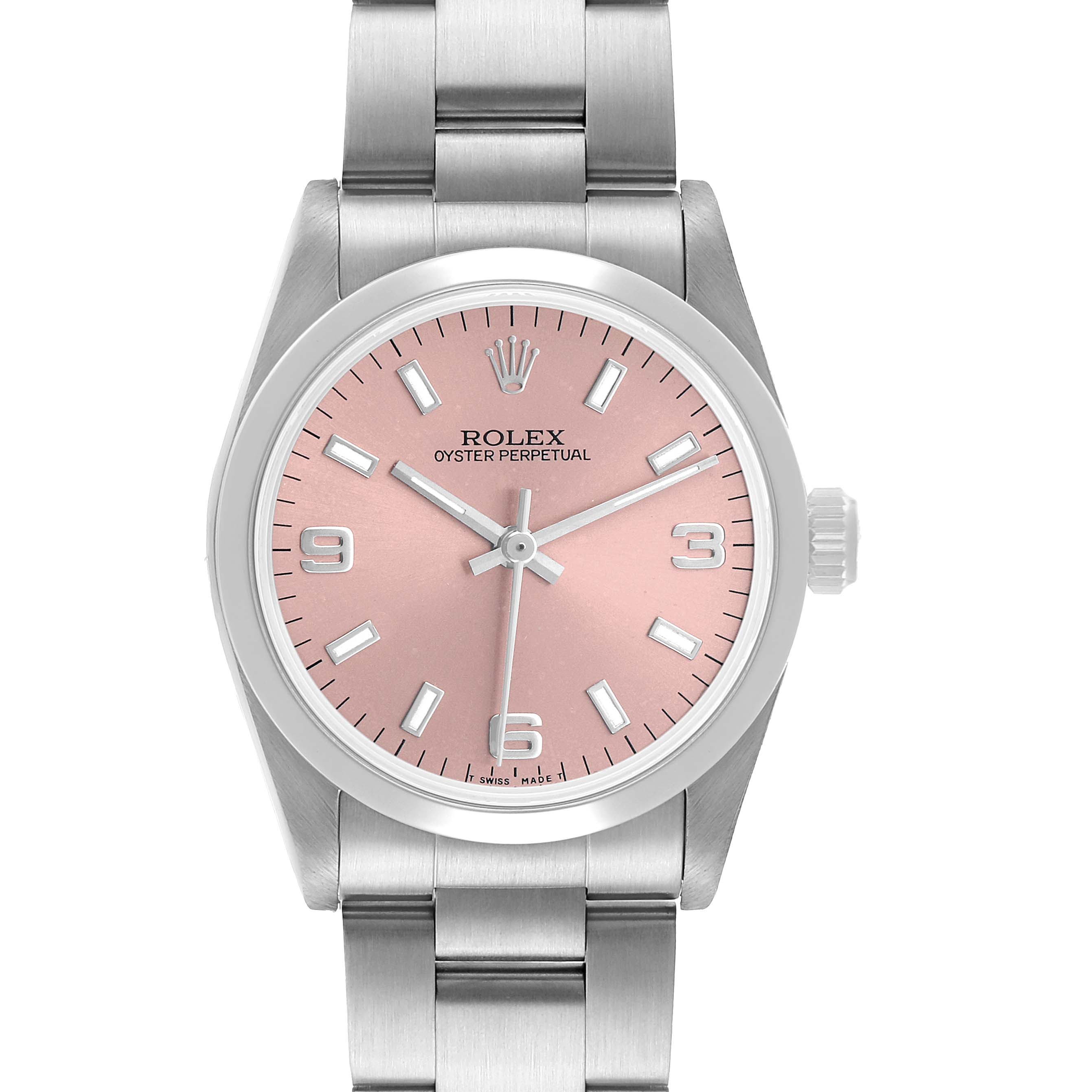 The Rolex Oyster Perpetual 67480 Women's Stainless Steel Pink Dial watch is shown from the front, displaying the pink dial, hour markers, hands, and part of the bracelet.
