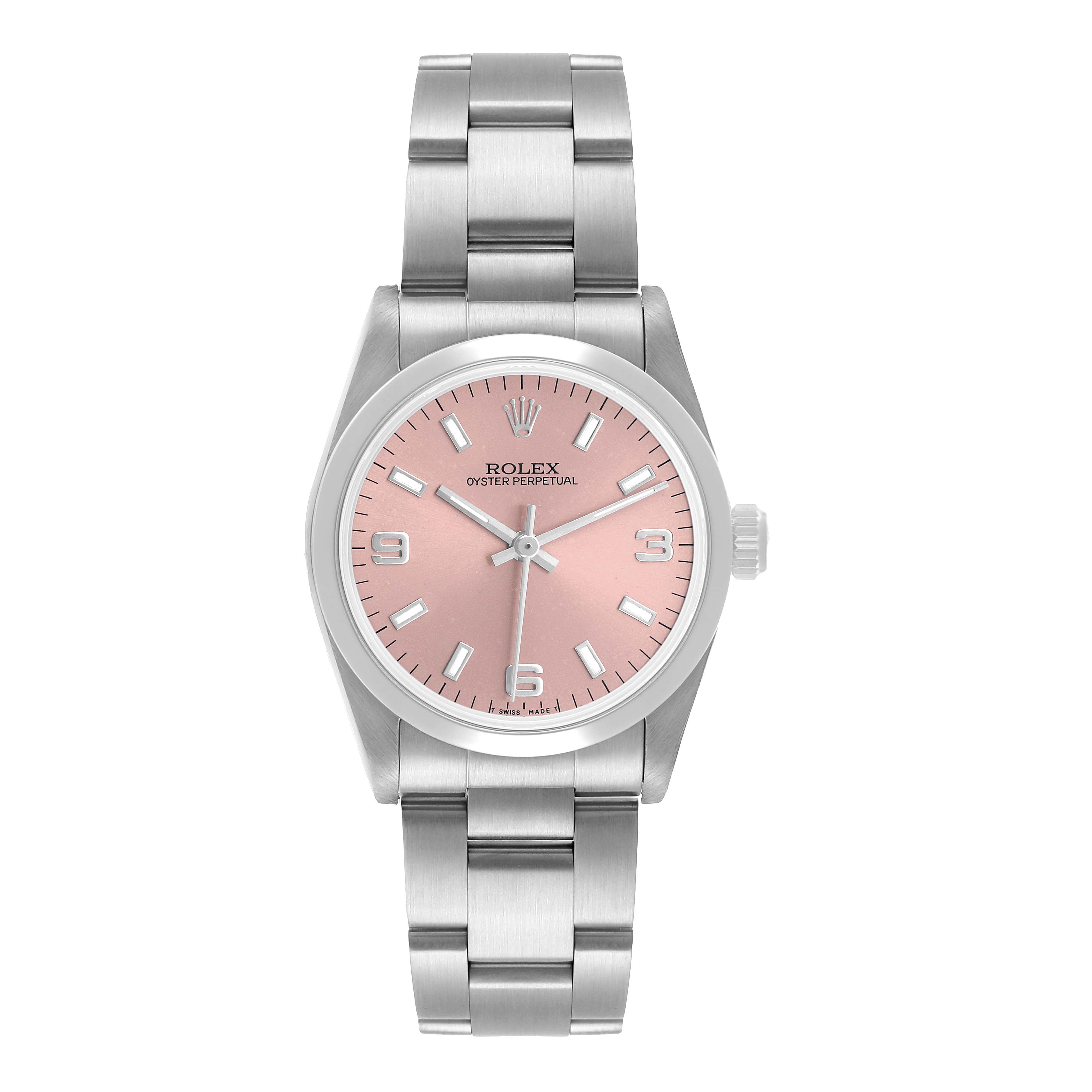 The Rolex Oyster Perpetual 67480 Women's Stainless Steel Pink Dial watch is shown from a front angle, highlighting the dial, bezel, crown, and bracelet.