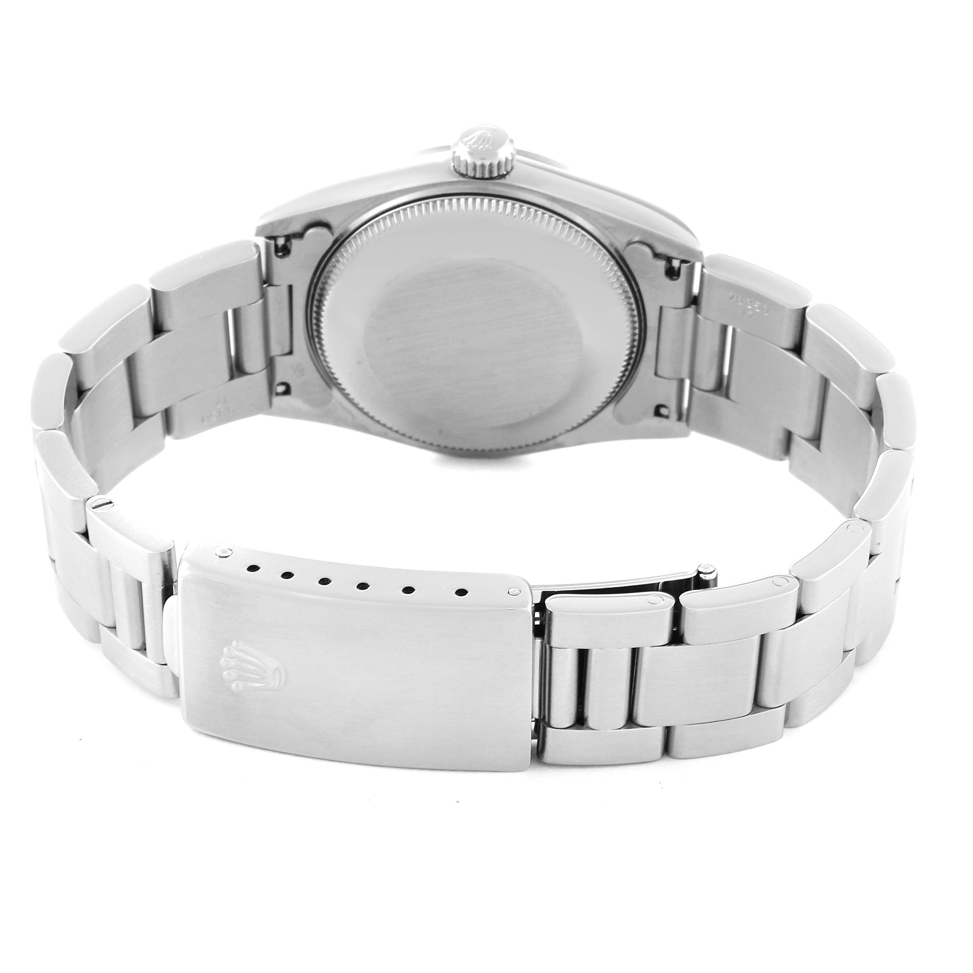 The image shows the back view of a Rolex Mid-Size 67480 Women's Stainless Steel Black Dial 67480 Women's Stainless Steel Black Dial model, highlighting the case back, bracelet, and clasp.