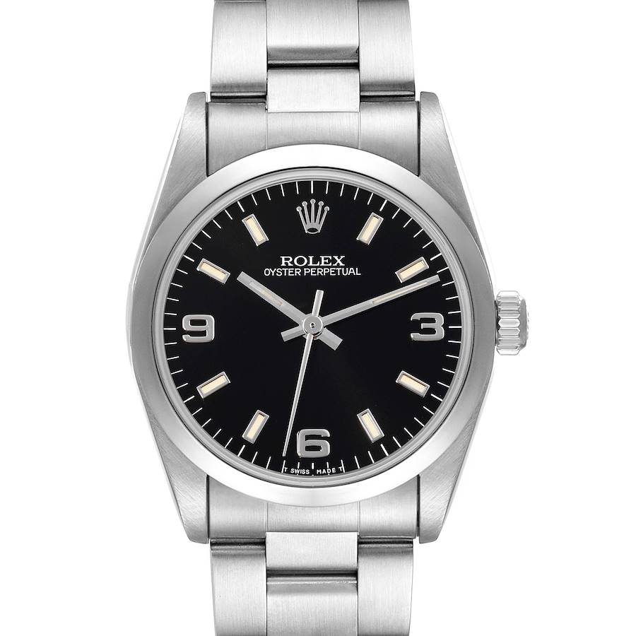 This image shows a front view of a Rolex Oyster Perpetual Mid-Size watch, displaying the face, bezel, and part of the bracelet.