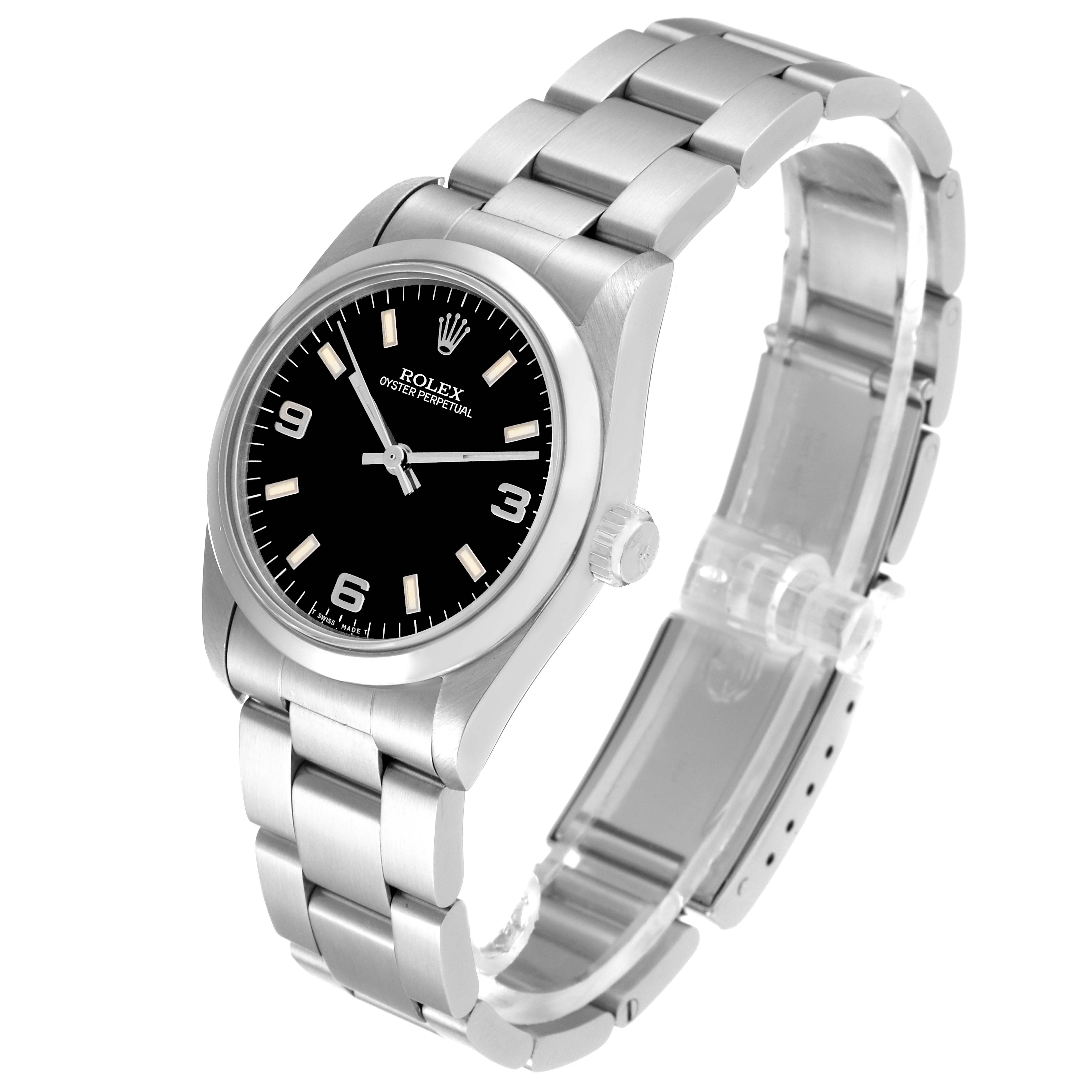 The Rolex Mid-Size 67480 Women's Stainless Steel Black Dial 67480 Women's Stainless Steel Black Dial watch is shown at a slightly angled side view, highlighting its black dial, stainless steel case, and bracelet.
