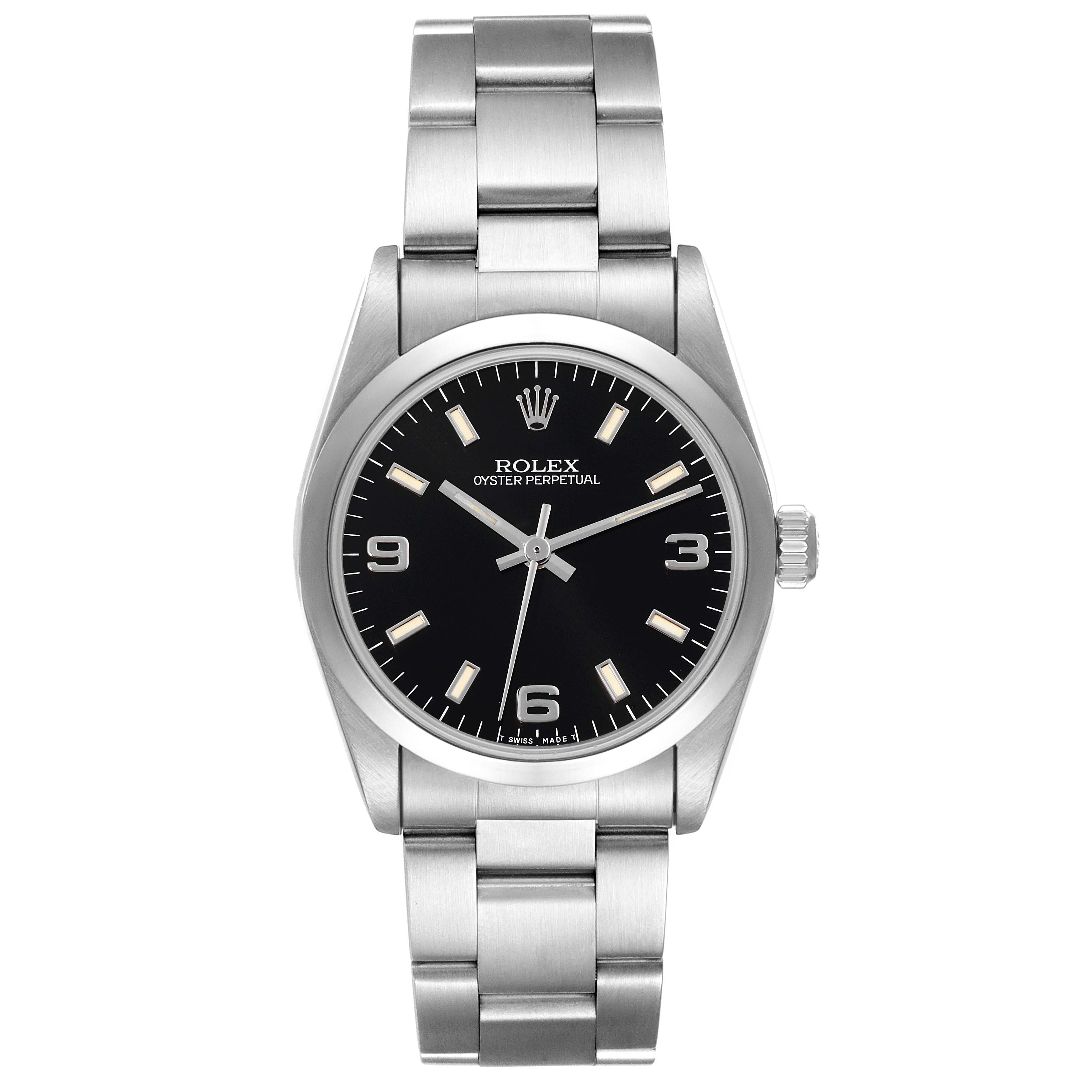The Rolex Mid-Size 67480 Women's Stainless Steel Black Dial 67480 Women's Stainless Steel Black Dial watch is shown from a front angle, displaying the bracelet, dial, and crown clearly.