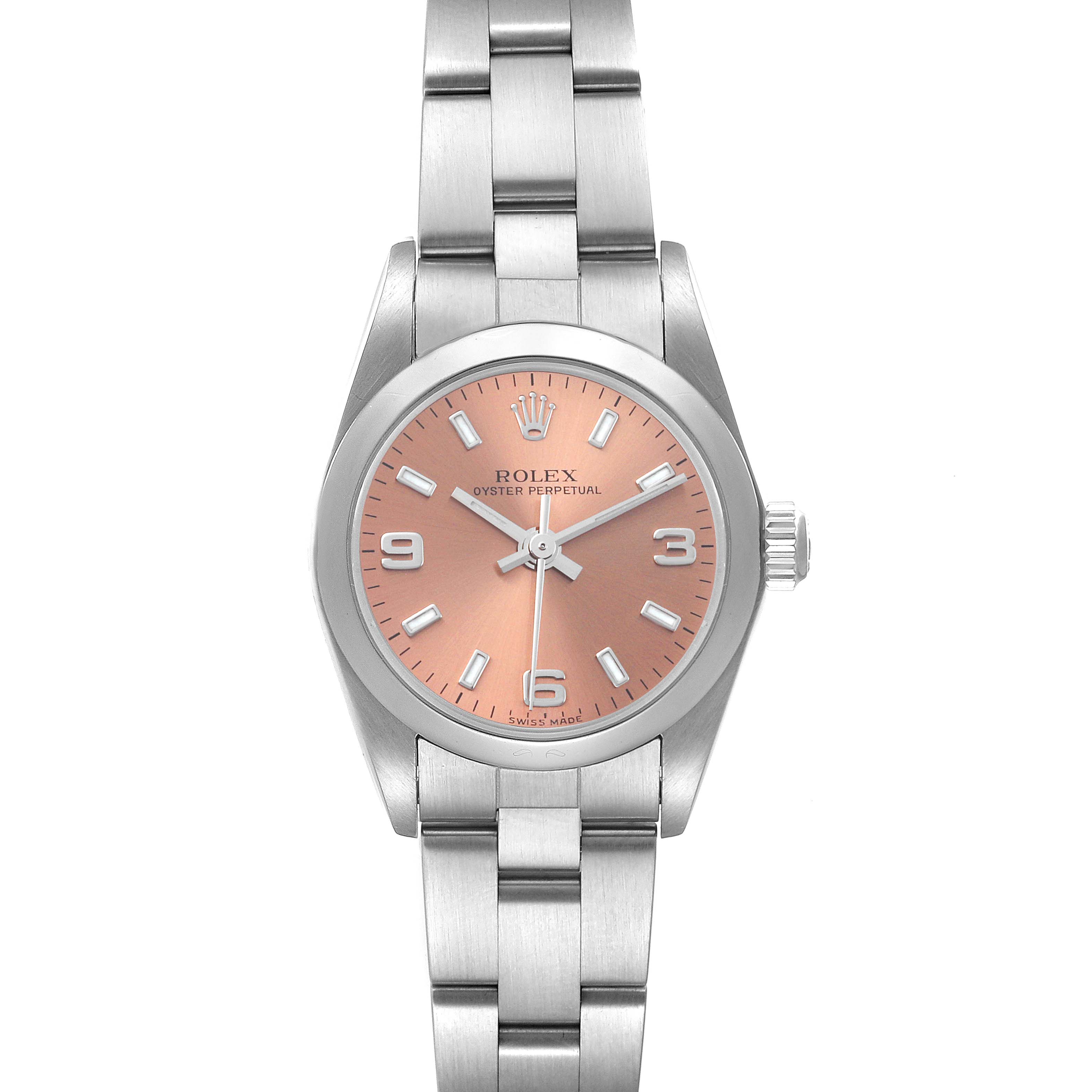 This image shows a frontal view of a Rolex Oyster Perpetual 76080 Women's Stainless Steel Pink Dial 76080 Women's Stainless Steel Pink Dial watch, highlighting its salmon-colored dial and stainless steel bracelet.