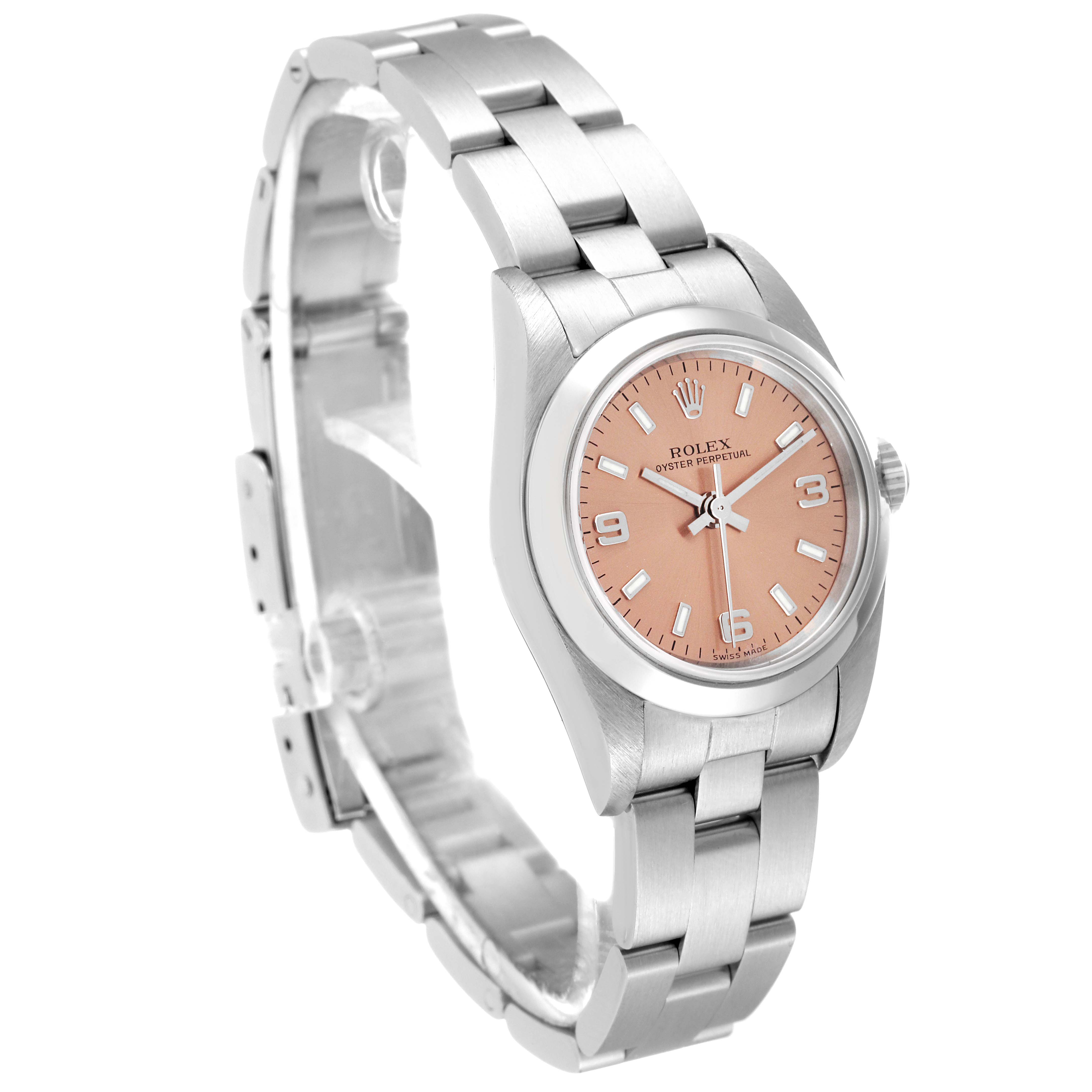 The image displays a Rolex Oyster Perpetual 76080 Women's Stainless Steel Pink Dial 76080 Women's Stainless Steel Pink Dial watch at a slight angle, showing the face, bezel, and part of the bracelet.