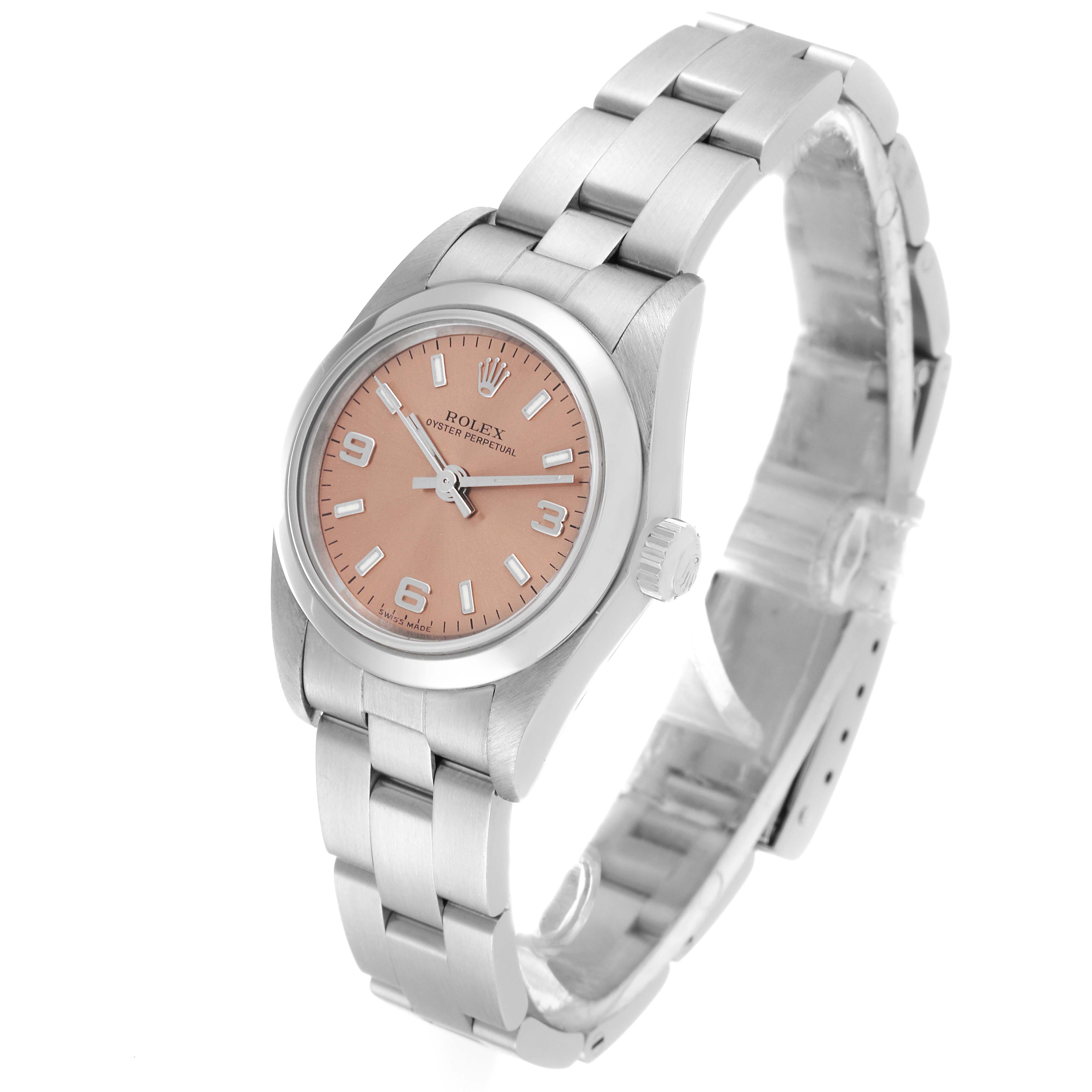 The image shows a Rolex Oyster Perpetual 76080 Women's Stainless Steel Pink Dial 76080 Women's Stainless Steel Pink Dial watch at a slight angle showcasing its face, dial, band, and crown.