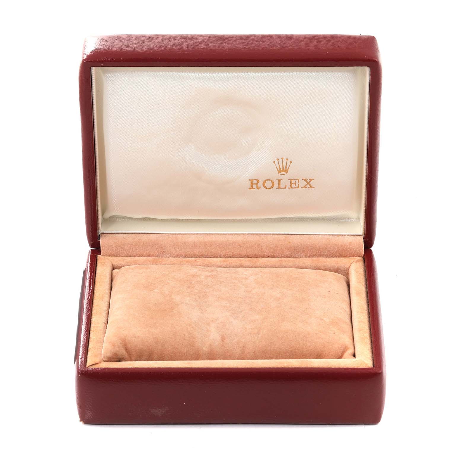 The image shows an open Rolex watch box, which is likely for the Oyster Perpetual model, with the watch cushion inside.