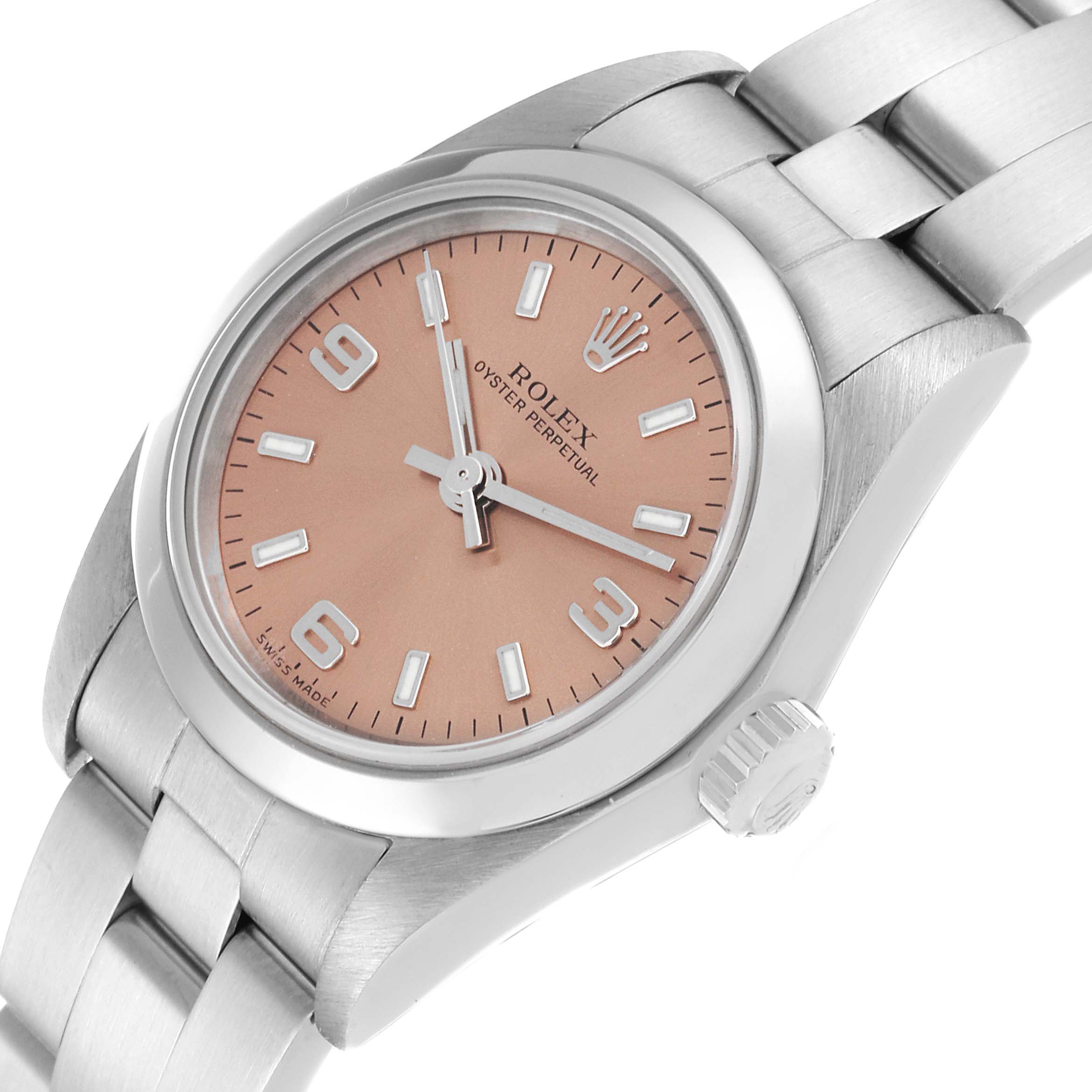 This is a Rolex Oyster Perpetual 76080 Women's Stainless Steel Pink Dial 76080 Women's Stainless Steel Pink Dial watch shown at an angle highlighting the dial, crown, and part of the bracelet.
