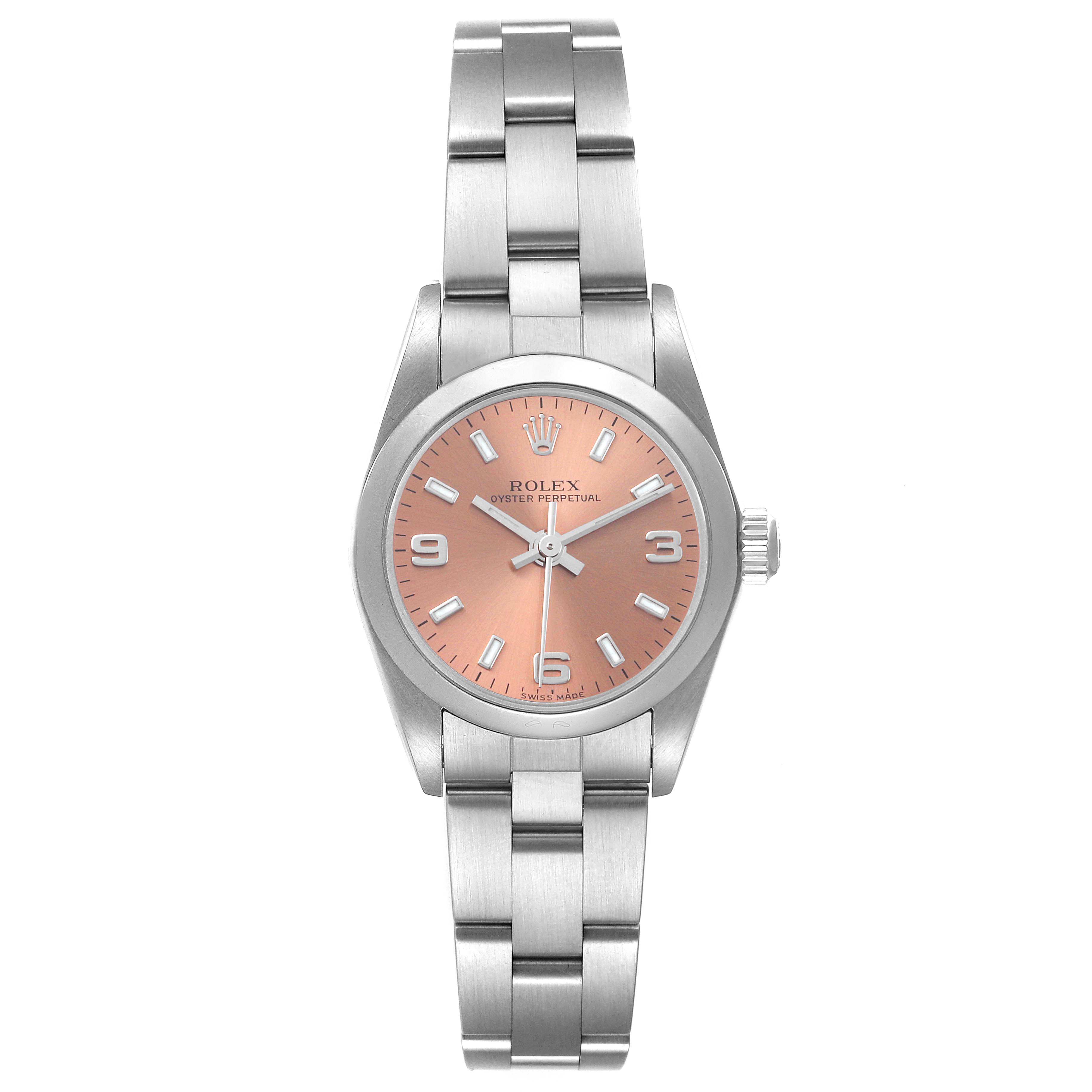 This image shows a frontal view of the Rolex Oyster Perpetual 76080 Women's Stainless Steel Pink Dial 76080 Women's Stainless Steel Pink Dial watch, highlighting its dial, case, and bracelet.
