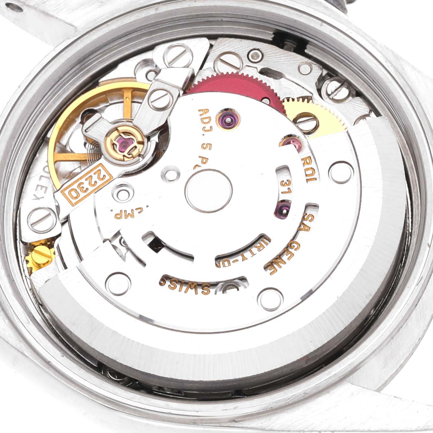 This image shows the movement and internal mechanisms from the back of a Rolex Oyster Perpetual 76080 Women's Stainless Steel Pink Dial 76080 Women's Stainless Steel Pink Dial watch.