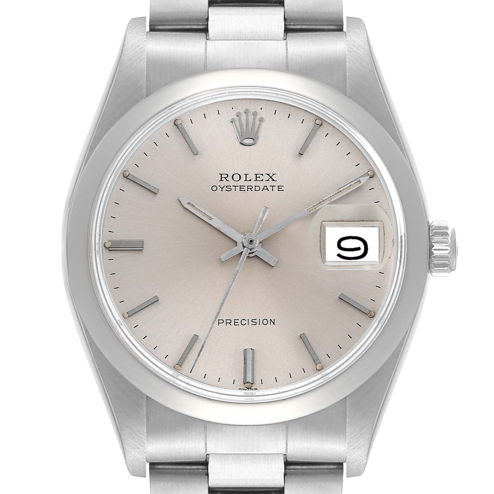 This is a frontal view of a Rolex Oysterdate Precision watch, displaying the dial, crown, date window, and part of the bracelet.