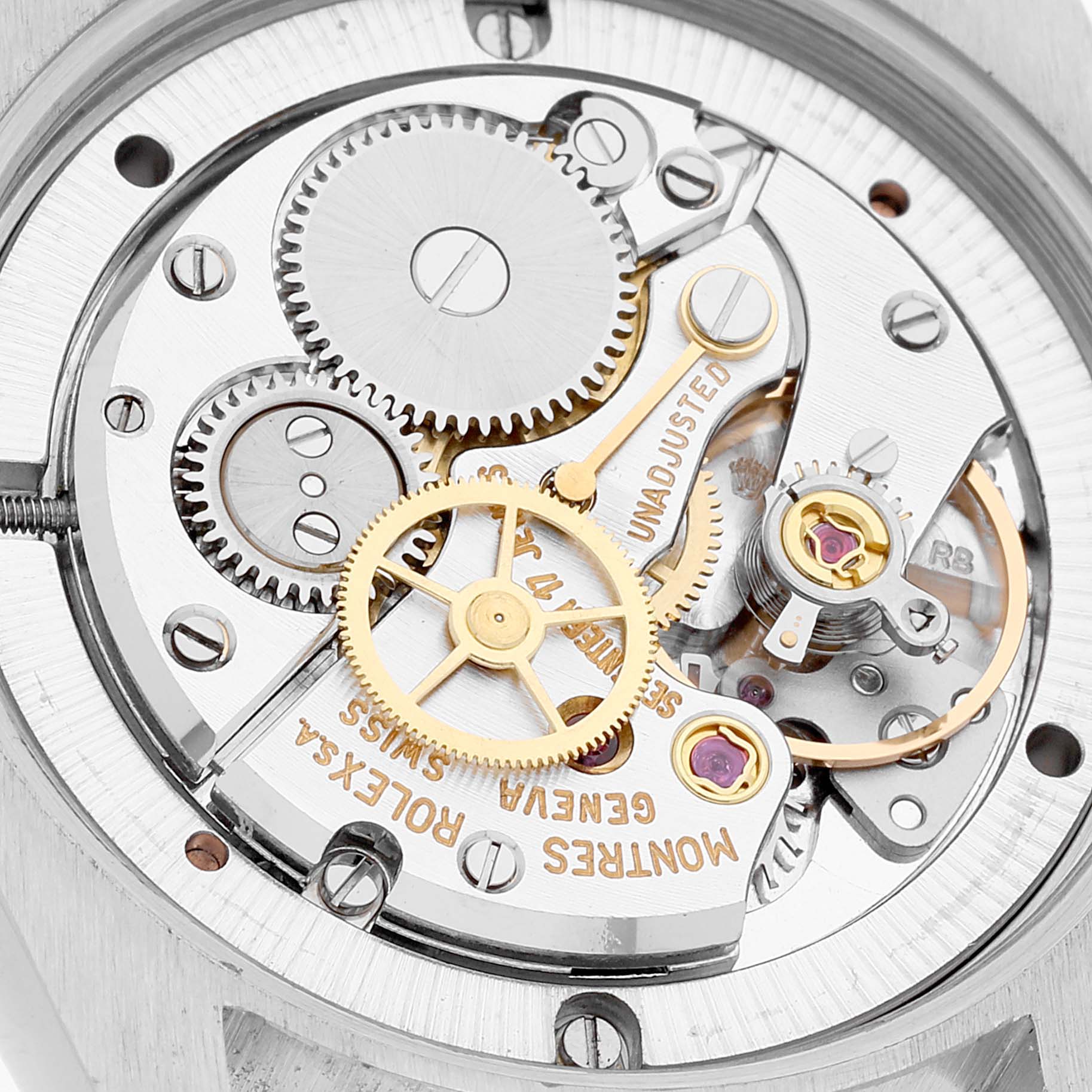 This image shows a close-up of the movement mechanism of a Rolex Date 6694 Men's Stainless Steel Silver Dial 6694 Men's Stainless Steel Silver Dial model watch.