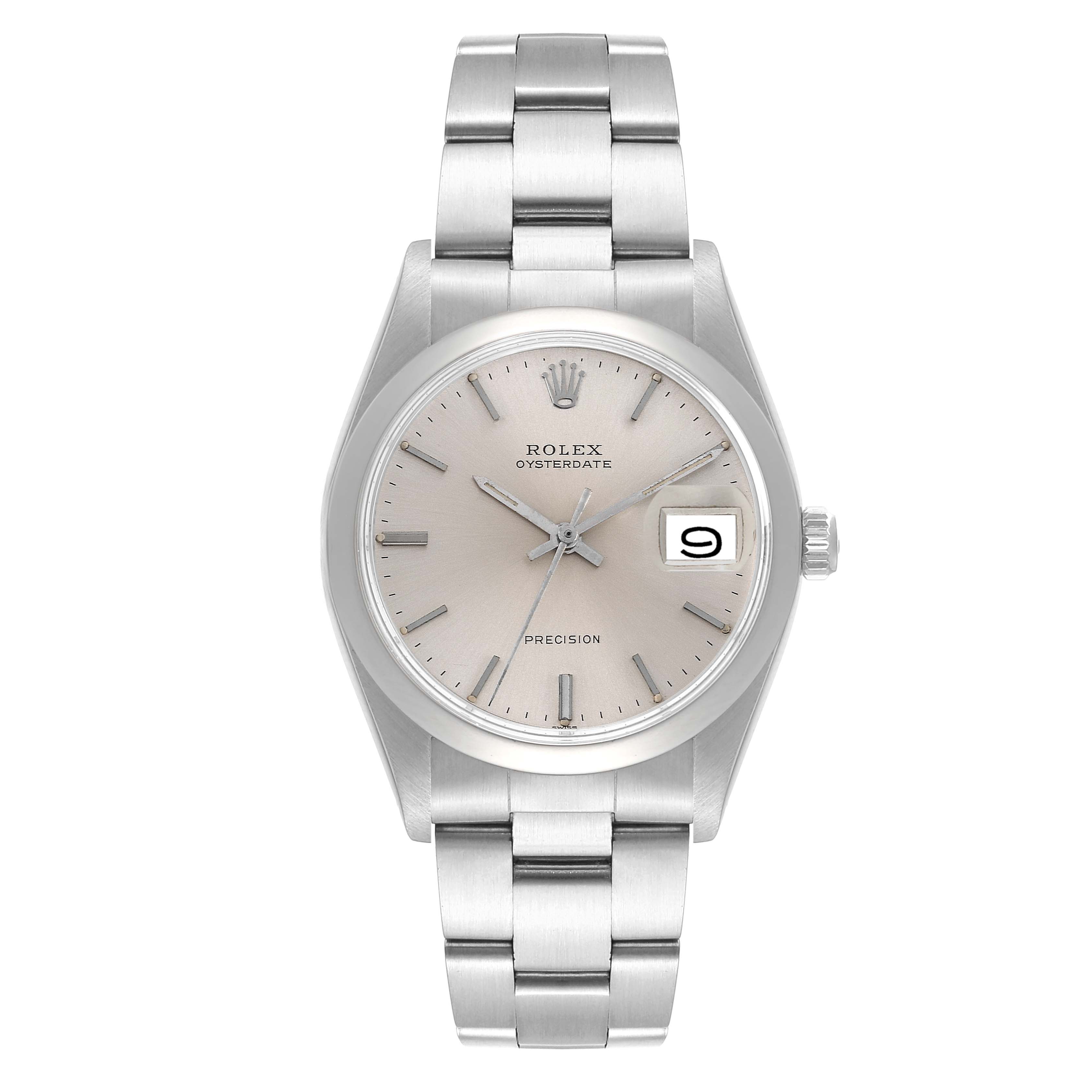 The image shows a front view of a Rolex Oysterdate Precision watch with a silver dial and metal bracelet.