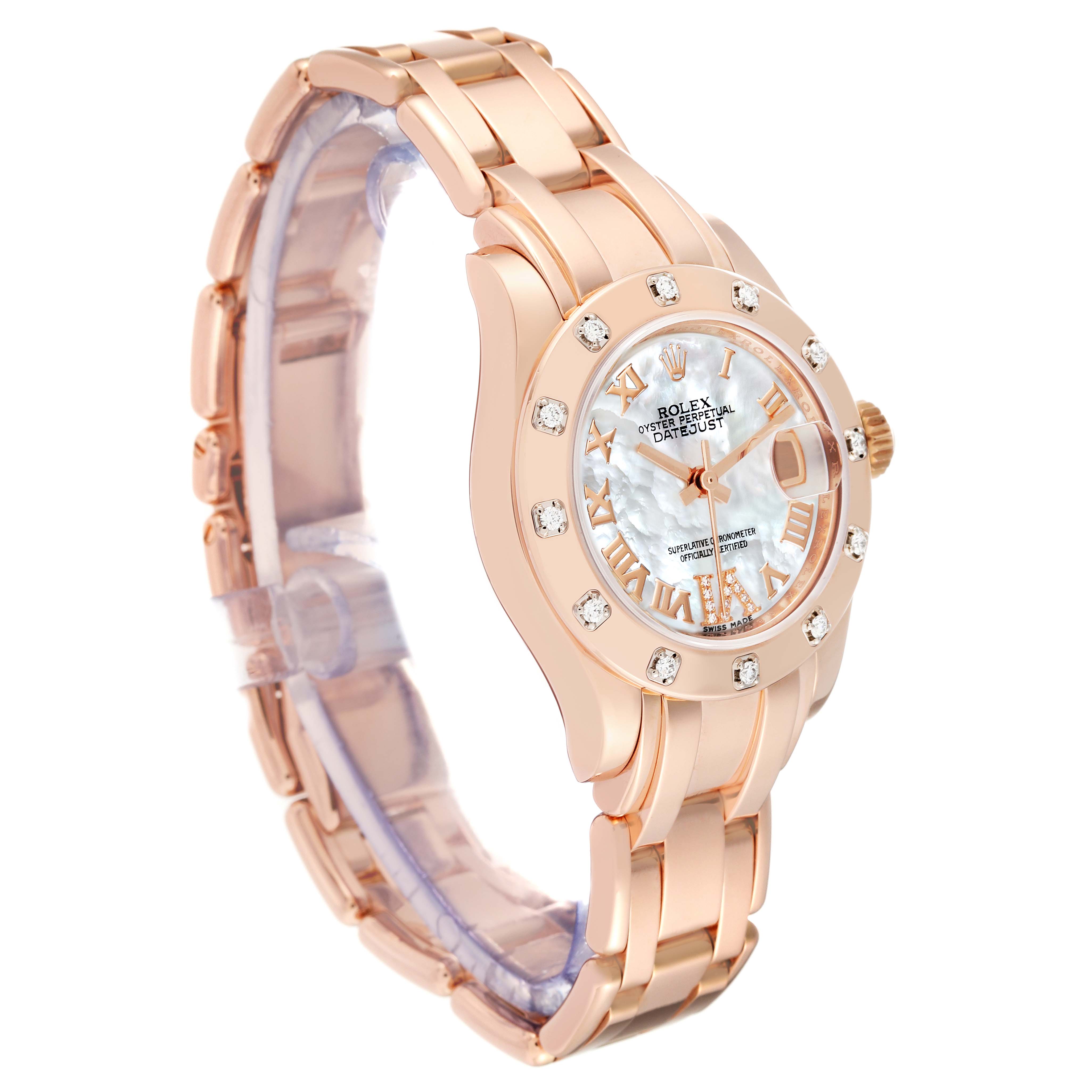 The Rolex Pearlmaster 80315 Women's Rose Gold Mother of Pearl Dial 80315 Women's Rose Gold Mother of Pearl Dial watch is shown at a slight angle, highlighting its rose gold band, diamond-set bezel, and elegant face.