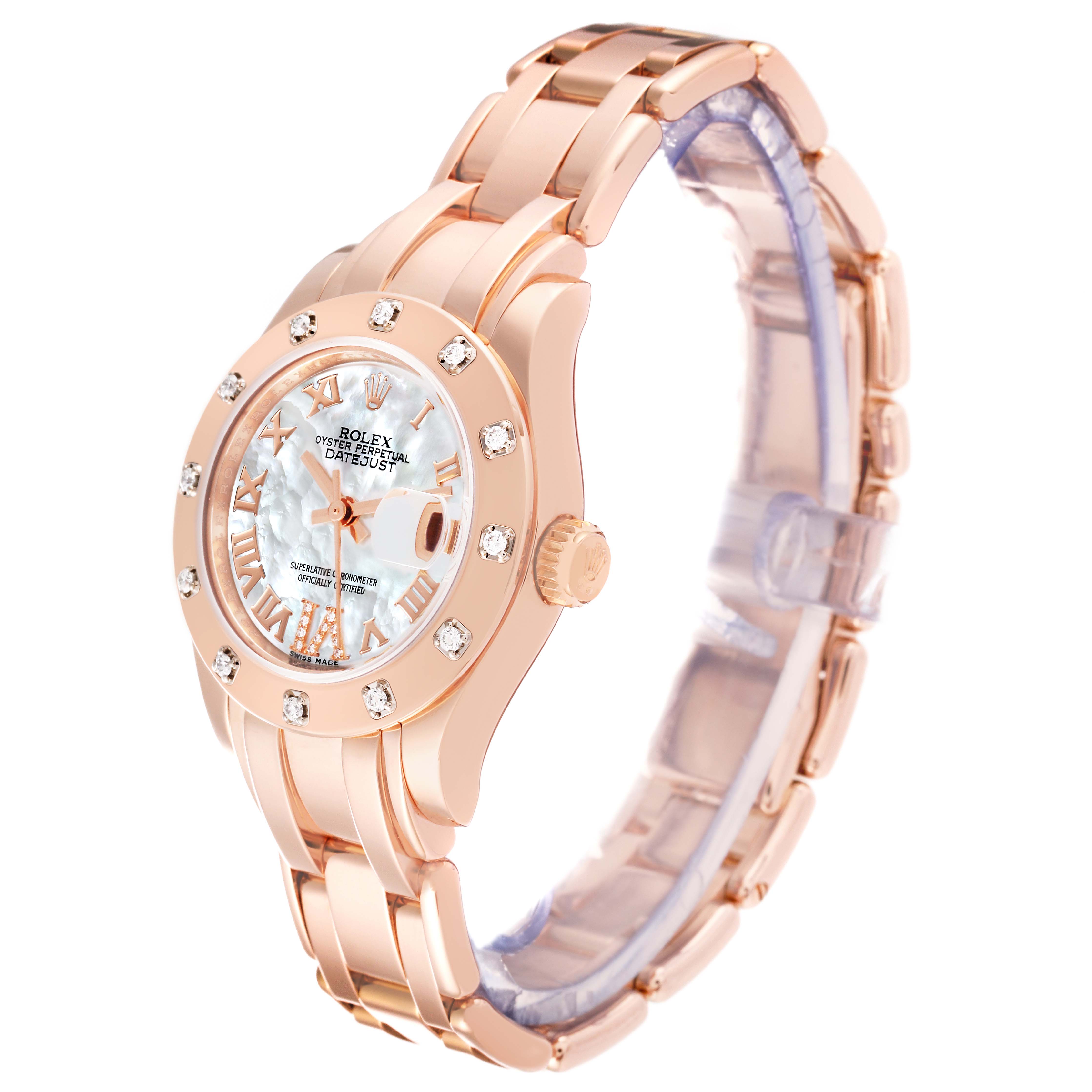 The image shows a Rolex Pearlmaster 80315 Women's Rose Gold Mother of Pearl Dial 80315 Women's Rose Gold Mother of Pearl Dial watch angled to display the face, bezel, crown, and part of the bracelet.