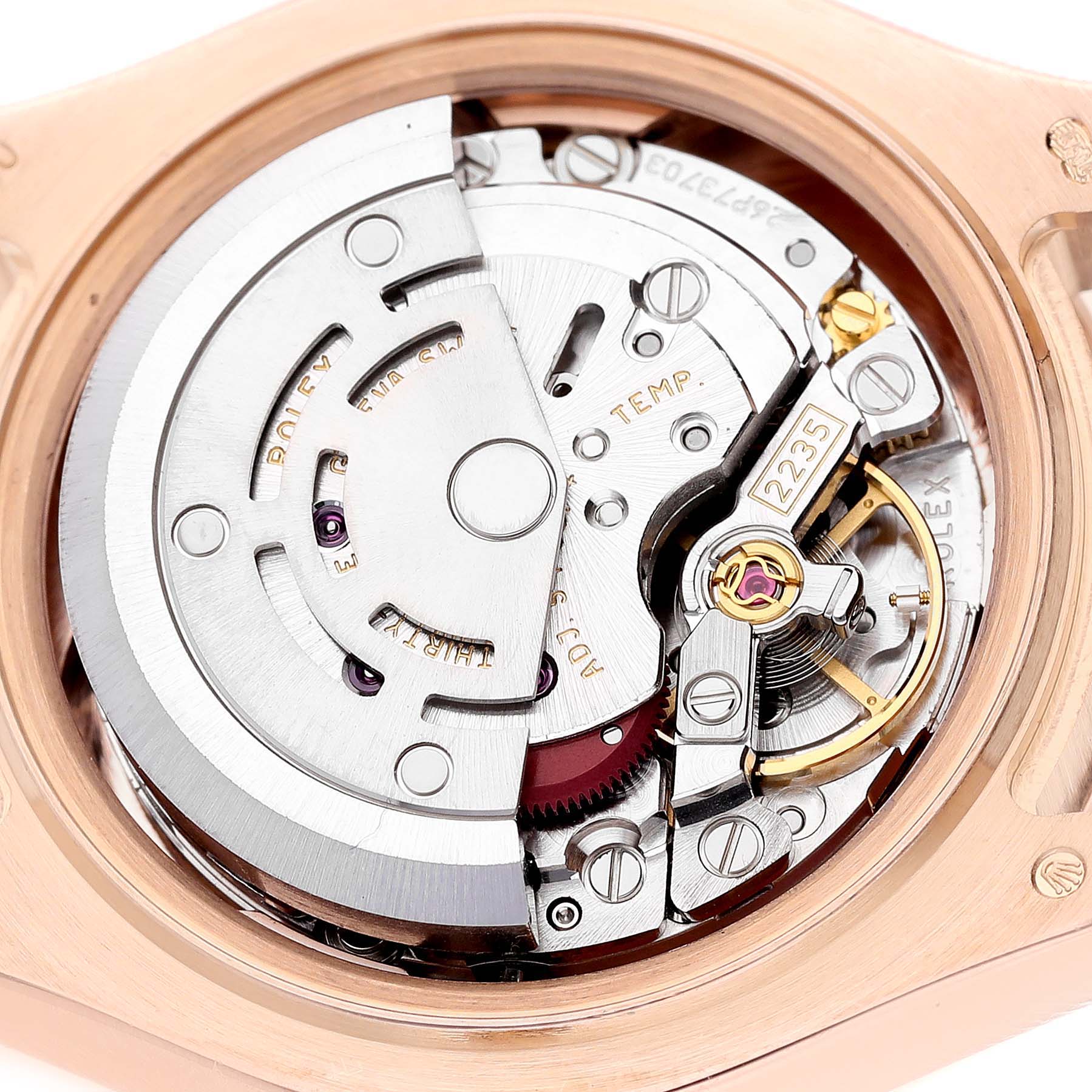 This image shows the internal mechanical movement of a Rolex Pearlmaster 80315 Women's Rose Gold Mother of Pearl Dial 80315 Women's Rose Gold Mother of Pearl Dial watch from a top-down angle.