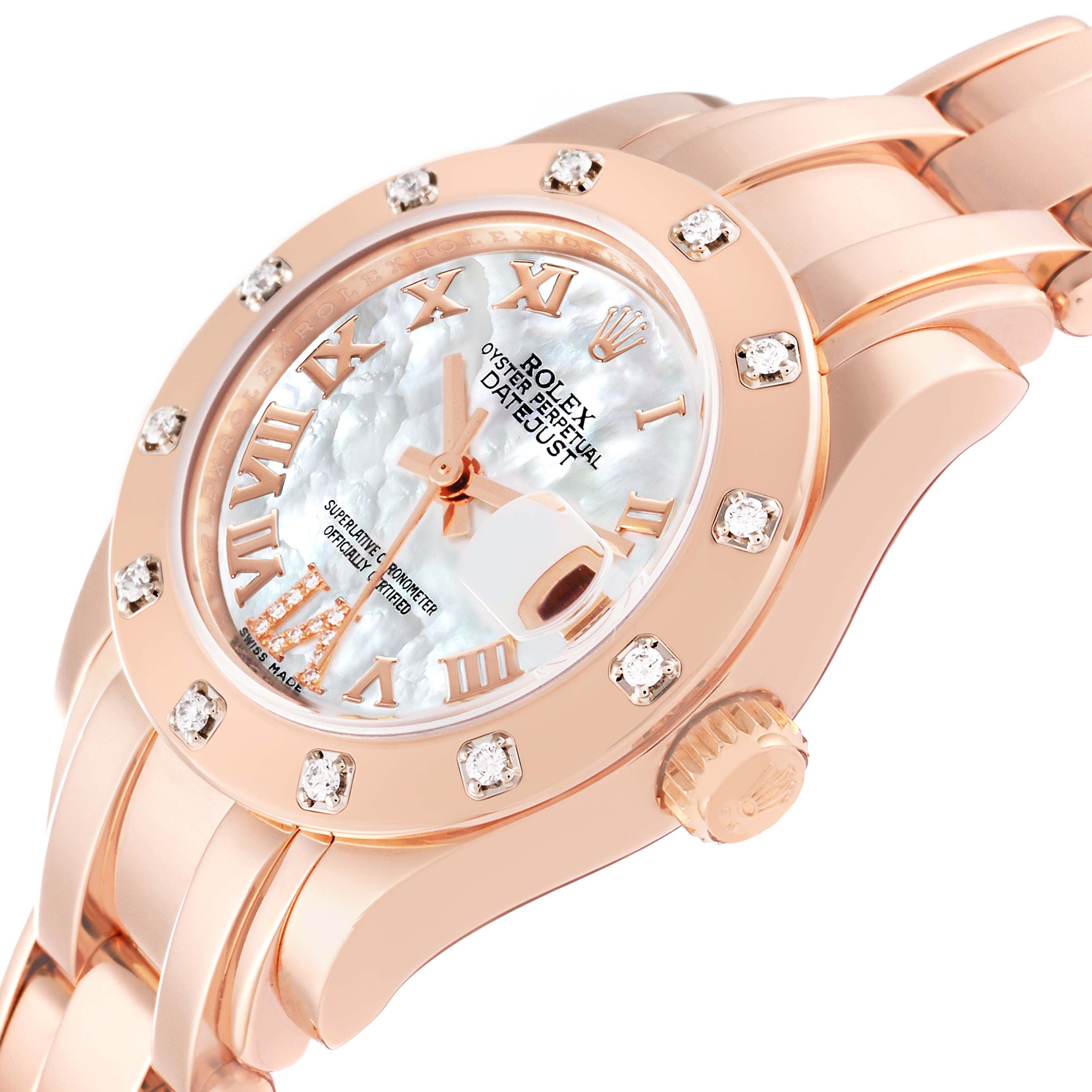 The image shows a close-up side angle of the Rolex Pearlmaster 80315 Women's Rose Gold Mother of Pearl Dial 80315 Women's Rose Gold Mother of Pearl Dial watch, focusing on its dial, bezel, and part of the bracelet.