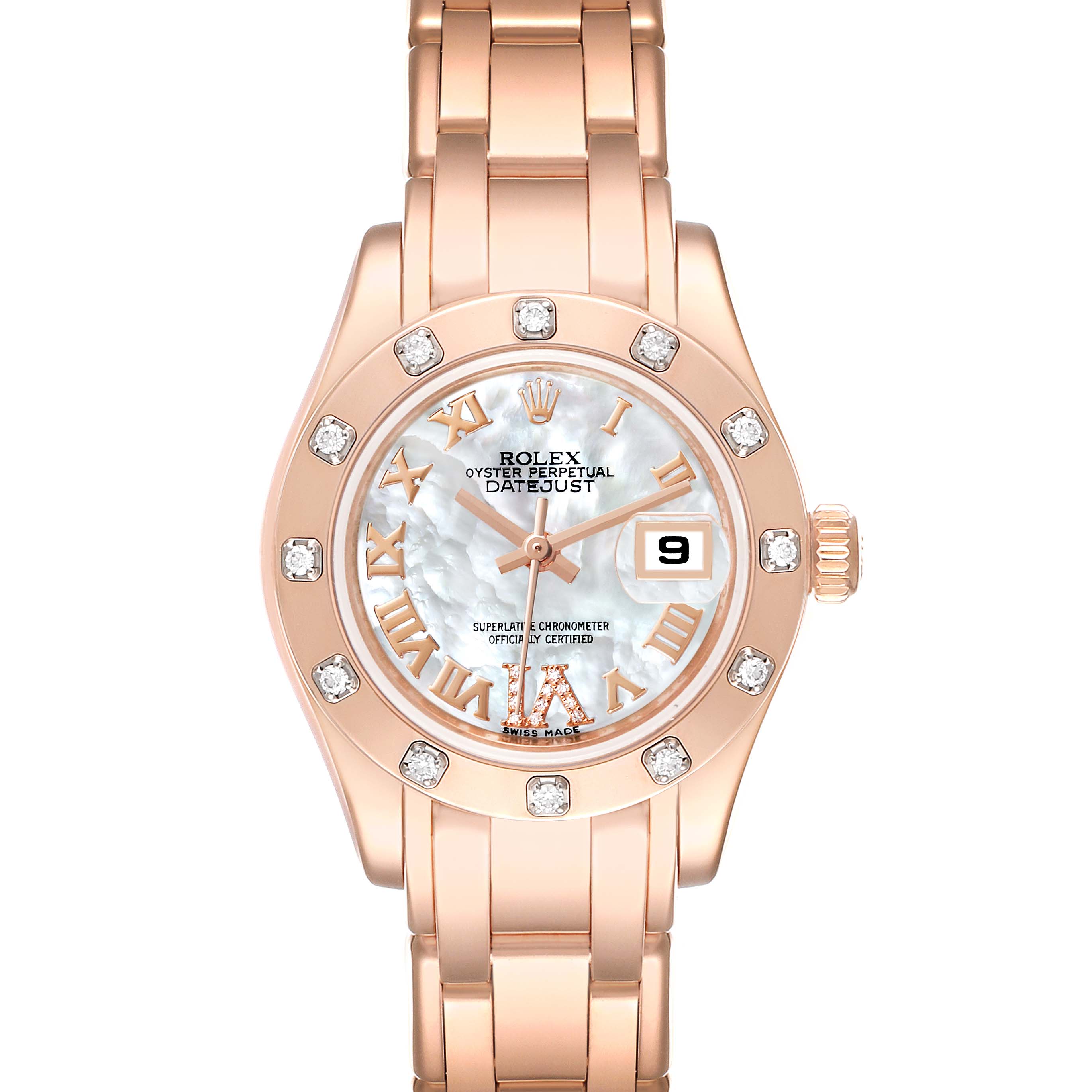 The image shows a frontal view of the Rolex Pearlmaster 80315 Women's Rose Gold Mother of Pearl Dial 80315 Women's Rose Gold Mother of Pearl Dial watch, featuring a rose gold band, diamond-studded bezel, and date display.