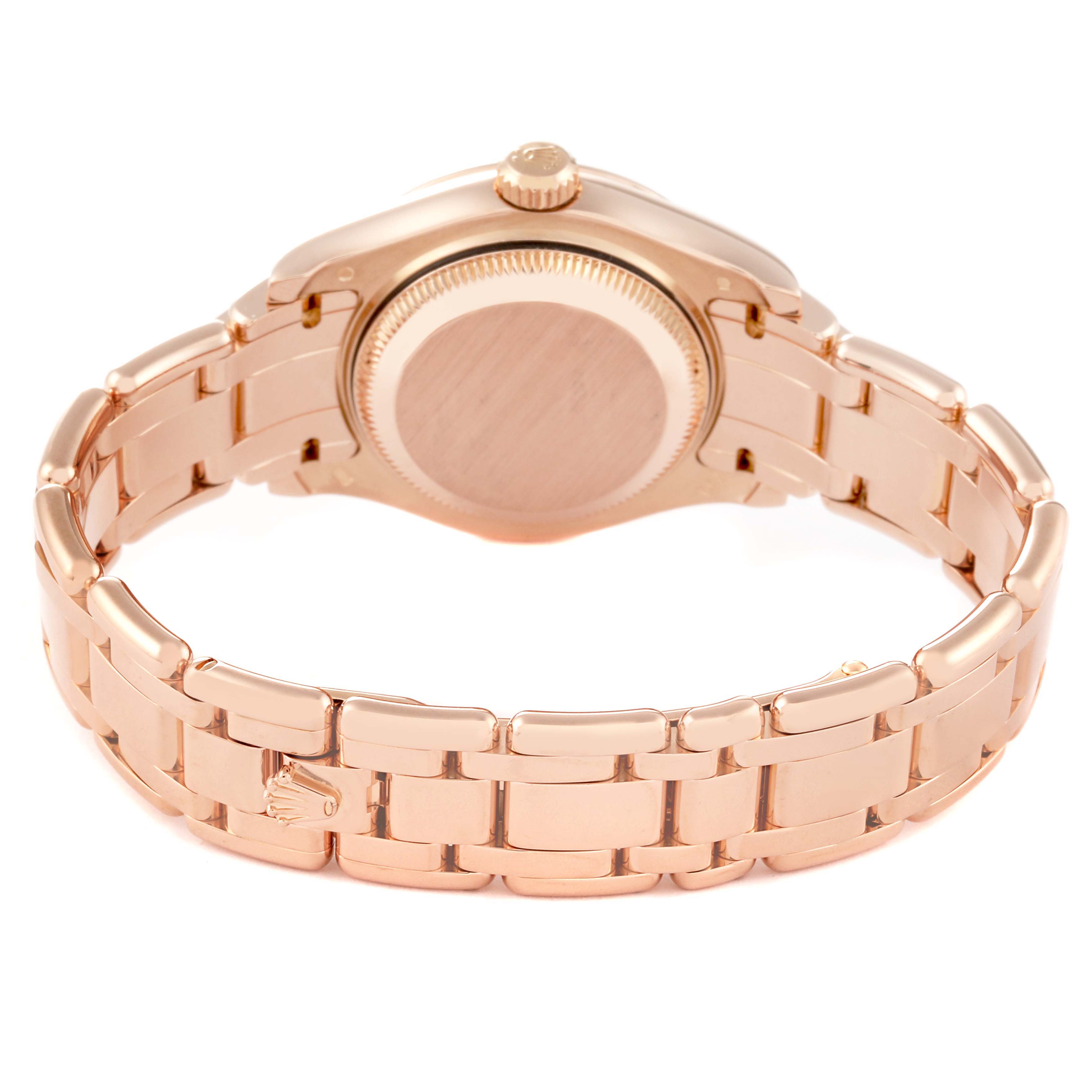 The image shows the back angle of the Rolex Pearlmaster 80315 Women's Rose Gold Mother of Pearl Dial 80315 Women's Rose Gold Mother of Pearl Dial watch, highlighting its bracelet and case back.