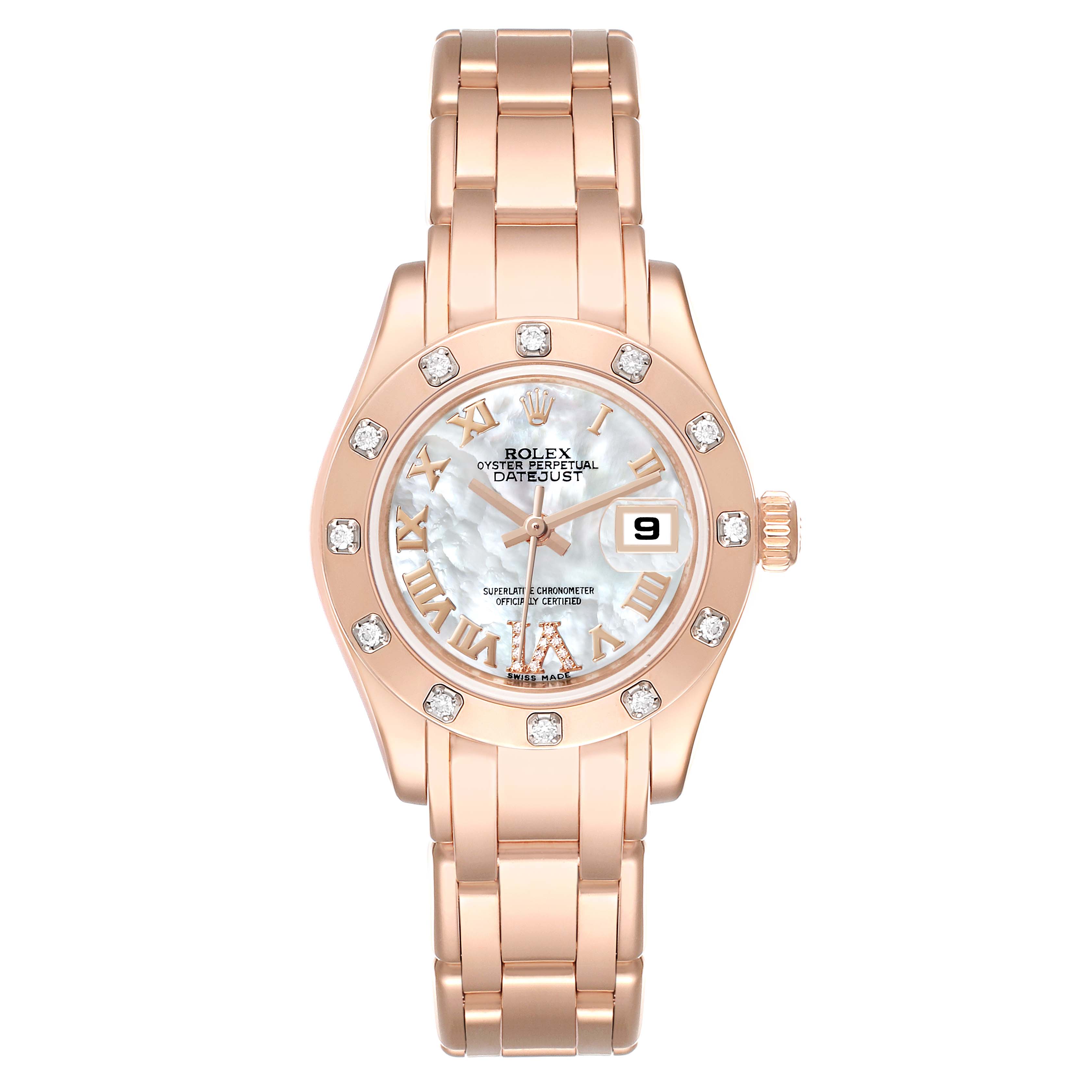 The image shows a front view of a Rolex Pearlmaster 80315 Women's Rose Gold Mother of Pearl Dial 80315 Women's Rose Gold Mother of Pearl Dial watch, highlighting its gold bracelet, diamond-set bezel, and date window.