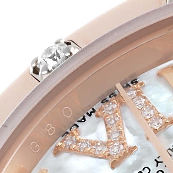 The image shows a close-up of the Rolex Pearlmaster 80315 Women's Rose Gold Mother of Pearl Dial 80315 Women's Rose Gold Mother of Pearl Dial with a focus on the diamond-studded numeral and part of the bezel with a diamond.