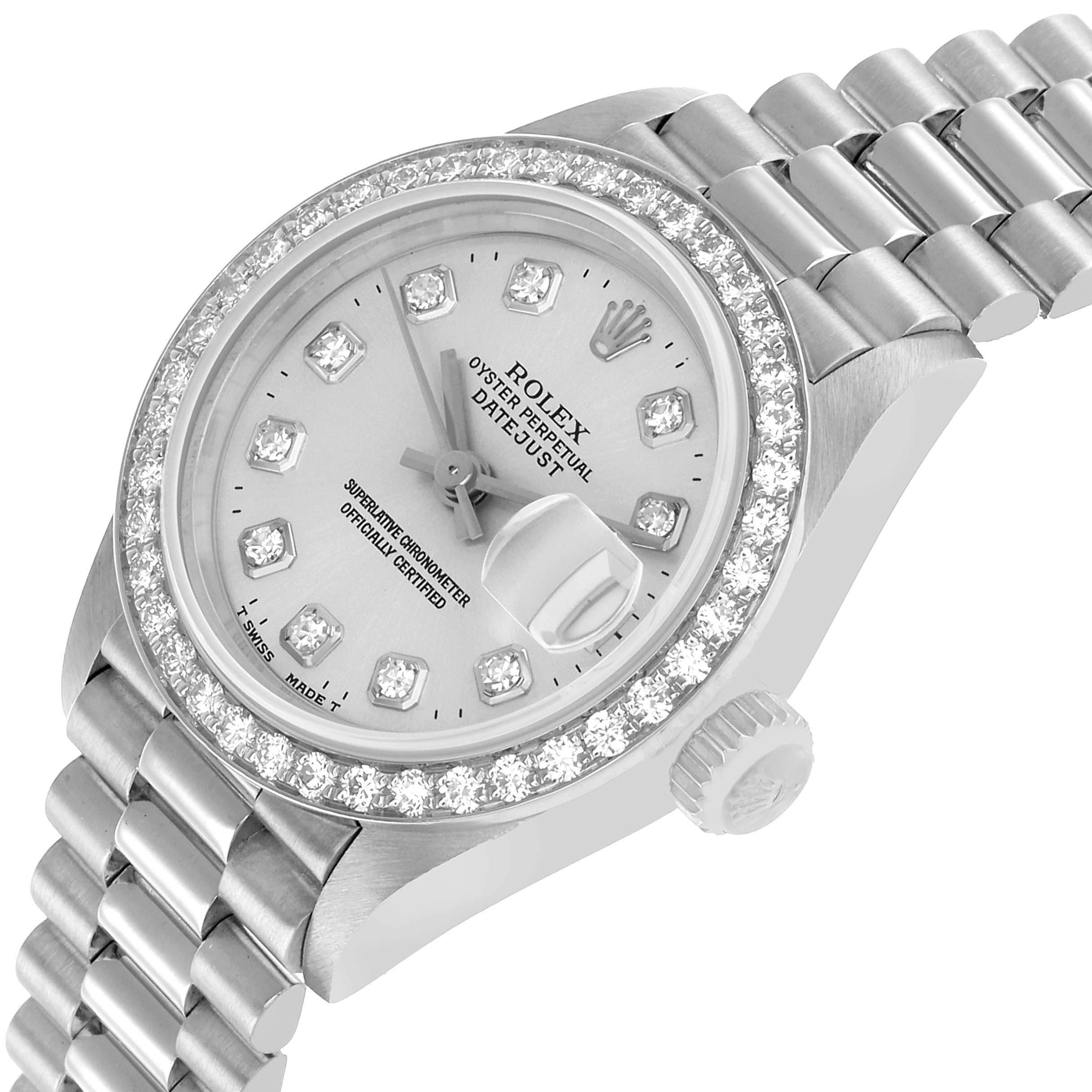 The Rolex President 69136 Women's Platinum Silver Dial model watch is shown at an oblique angle, highlighting its dial, diamond bezel, and part of the bracelet.