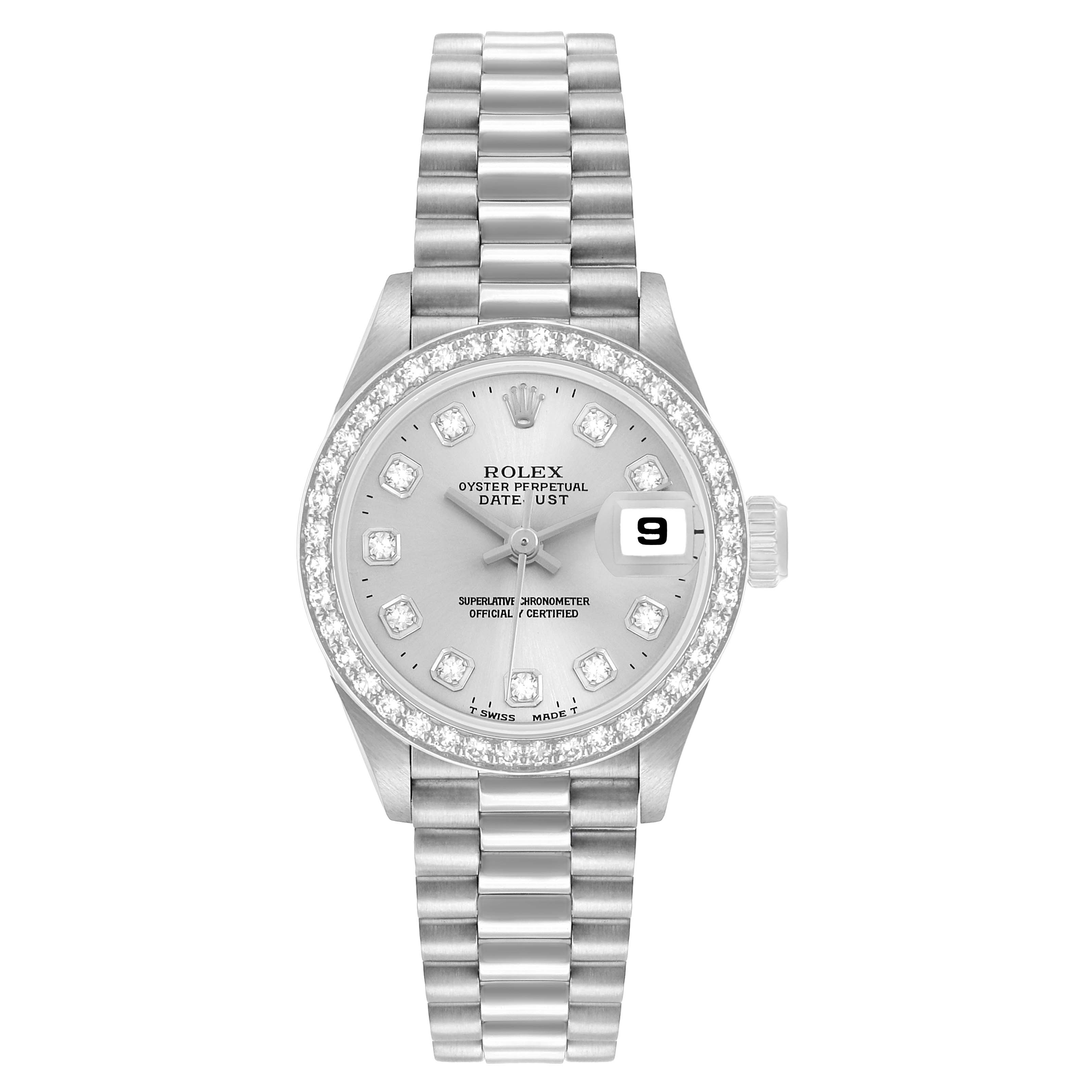 The image shows a front view of the Rolex President 69136 Women's Platinum Silver Dial watch, highlighting its dial, diamond bezel, and bracelet.