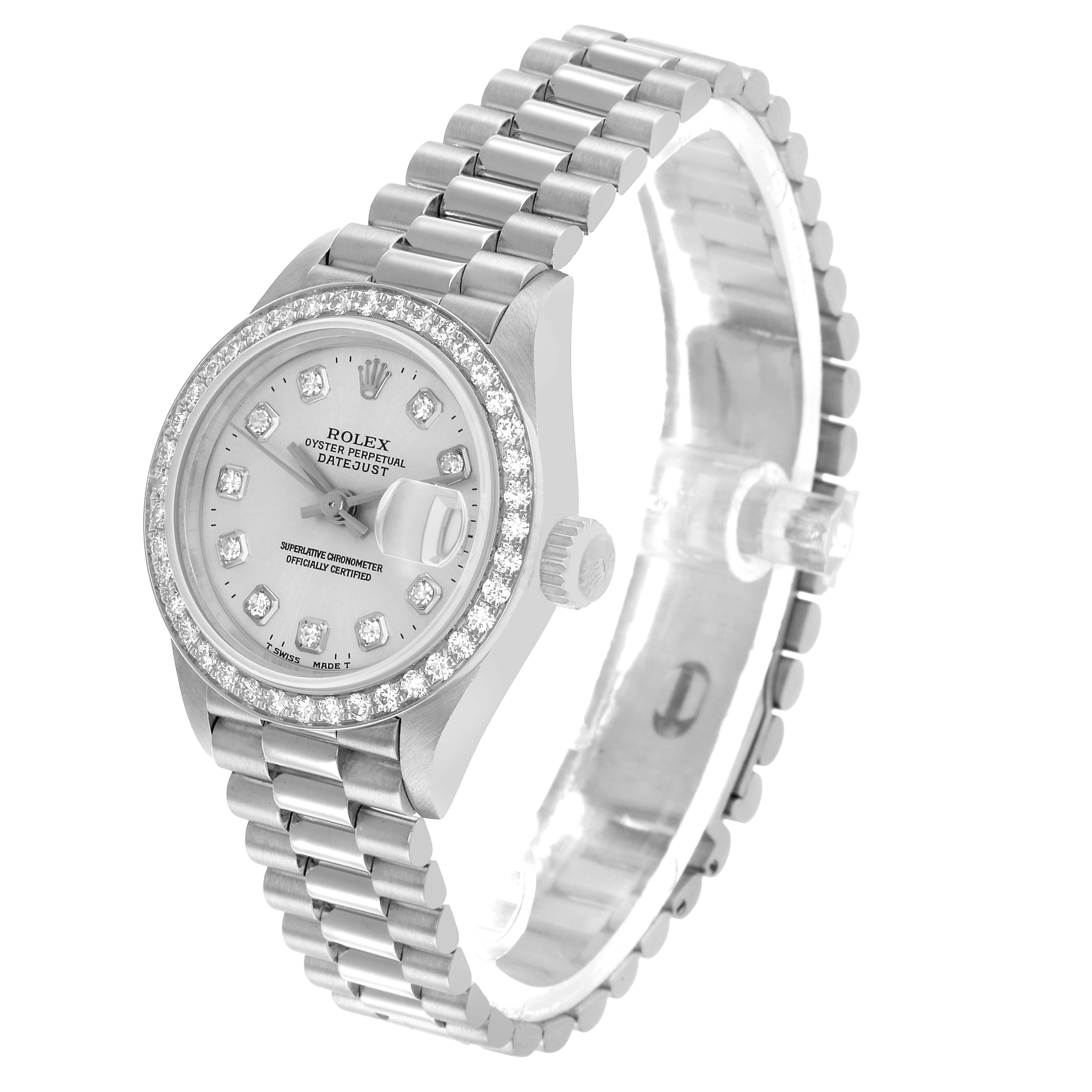 The Rolex President 69136 Women's Platinum Silver Dial model is shown at a slight angle, displaying the face, bezel, crown, and part of the bracelet.