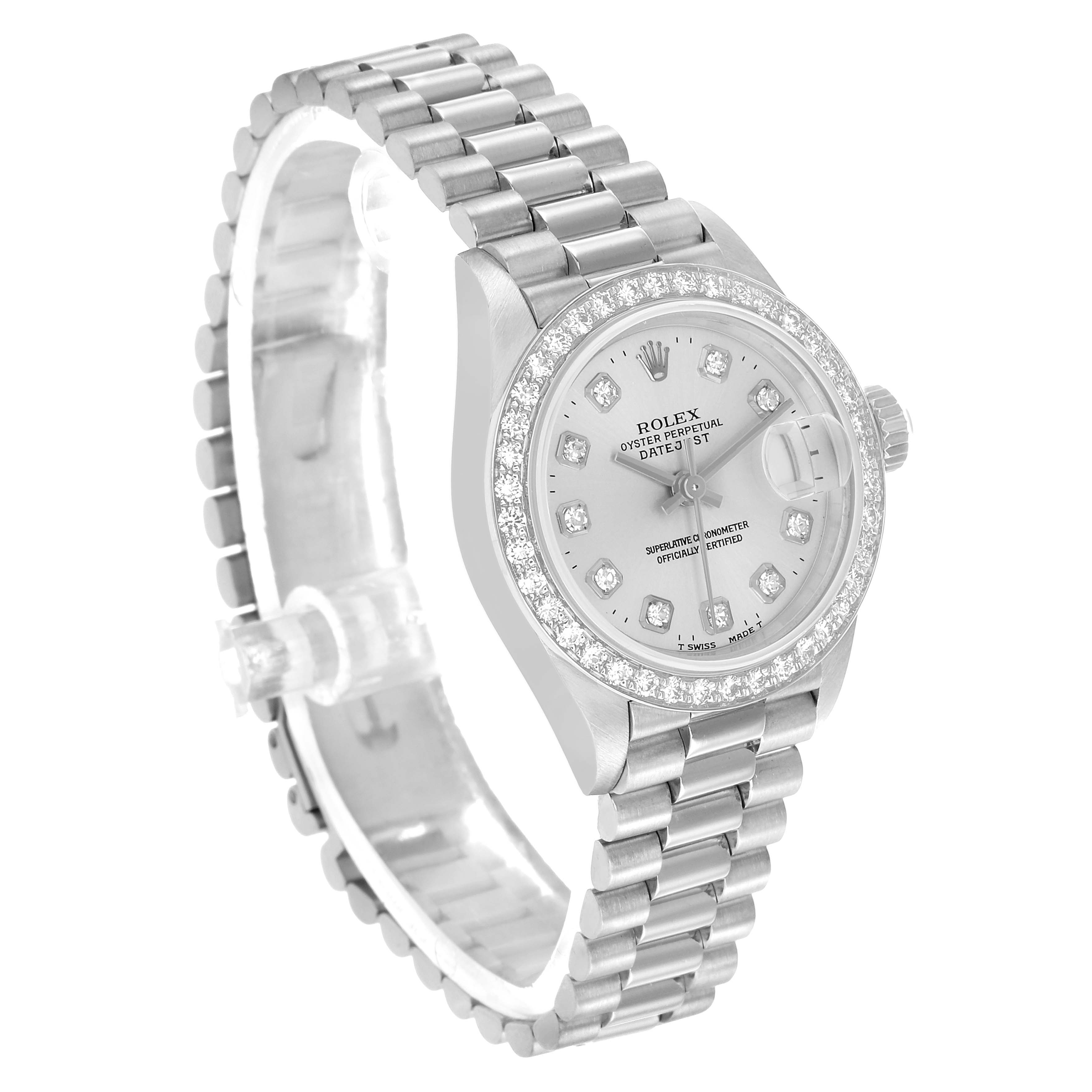The Rolex President 69136 Women's Platinum Silver Dial watch is shown at a three-quarter angle, highlighting the diamond bezel, dial, and bracelet.