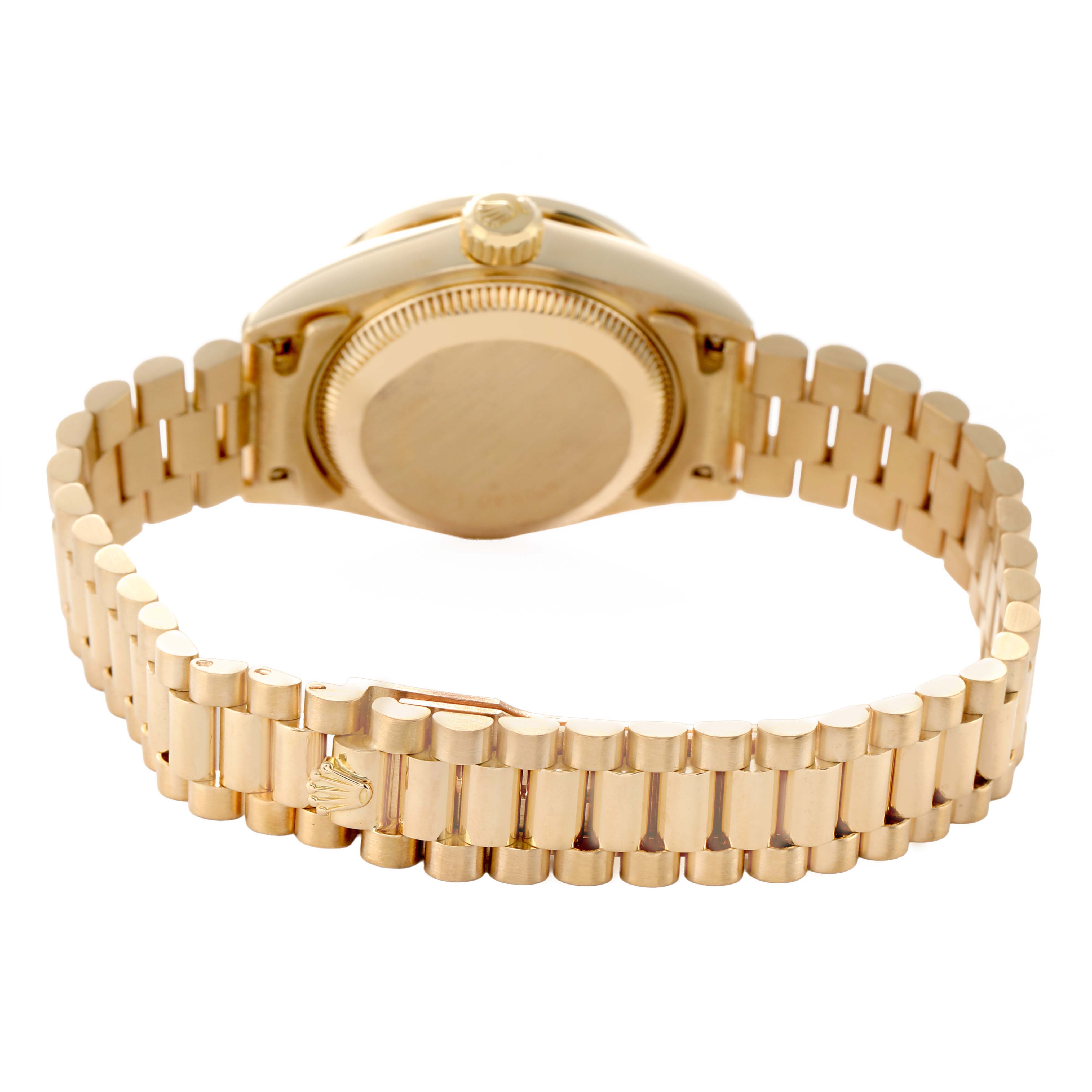 The image shows the back view of a Rolex President 69088 Women's Yellow Gold Blue Dial model watch, focusing on the bracelet and case back.